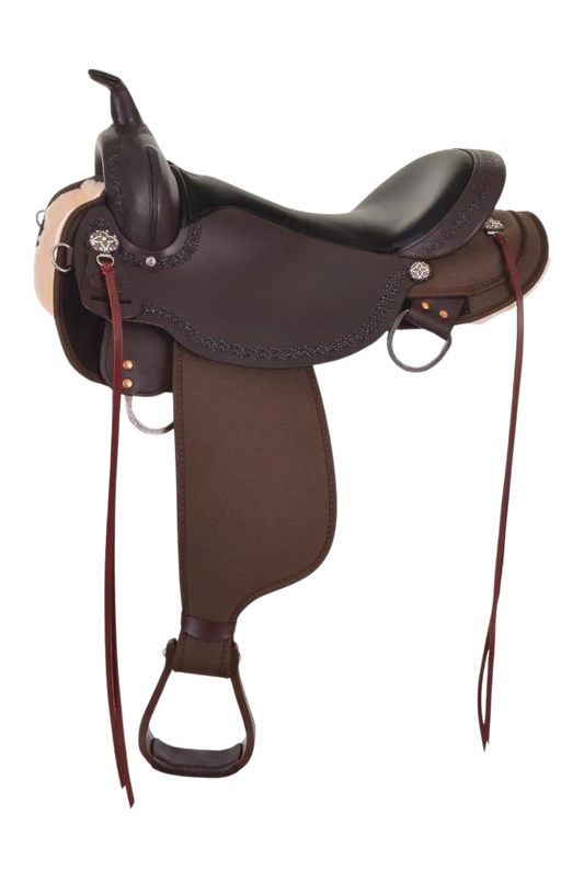 A brown Circle Y Daisetta Cordura Trail saddle with stainless steel hardware and copper flower conchos, featuring lightweight Cordura skirts and fenders, and an adjustable position flat plate rigging.
