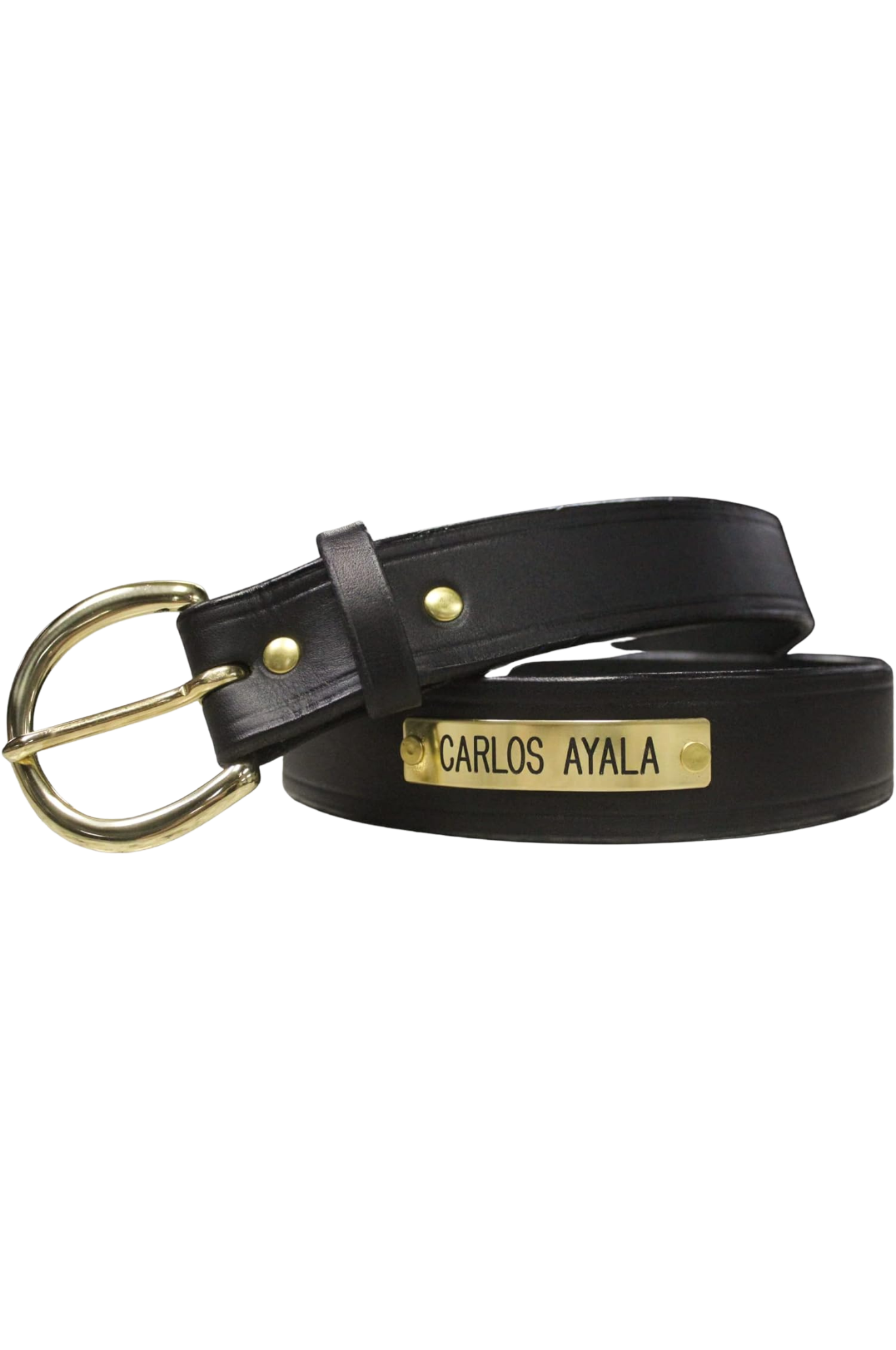 A black  or brown custom leather belt with a brass nameplate engraved