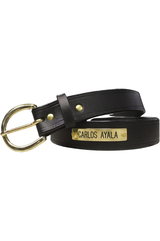 A black  or brown custom leather belt with a brass nameplate engraved