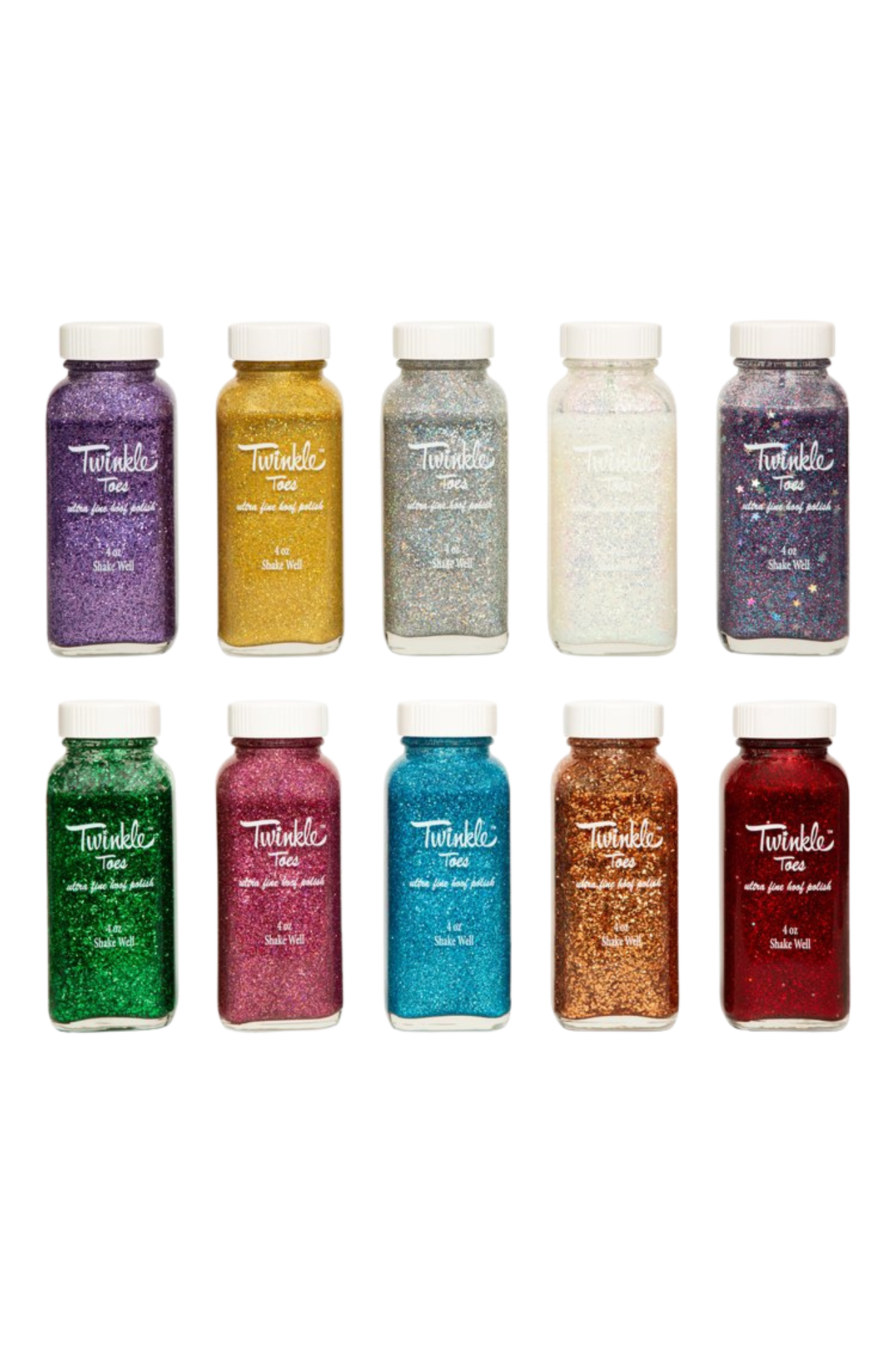 A collection of bottles in various colors labeled 'TWINKLE TOES', indicating a variety of glitter solutions for horse hooves.