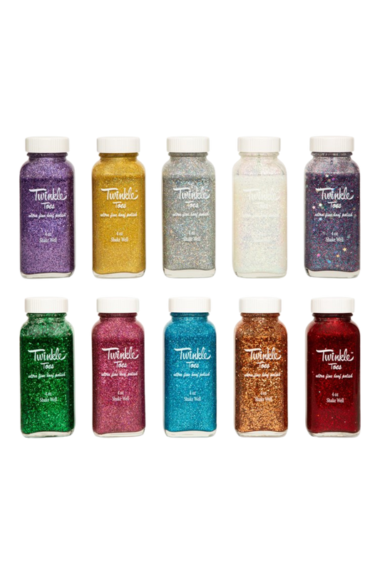 A collection of bottles in various colors labeled 'TWINKLE TOES', indicating a variety of glitter solutions for horse hooves.