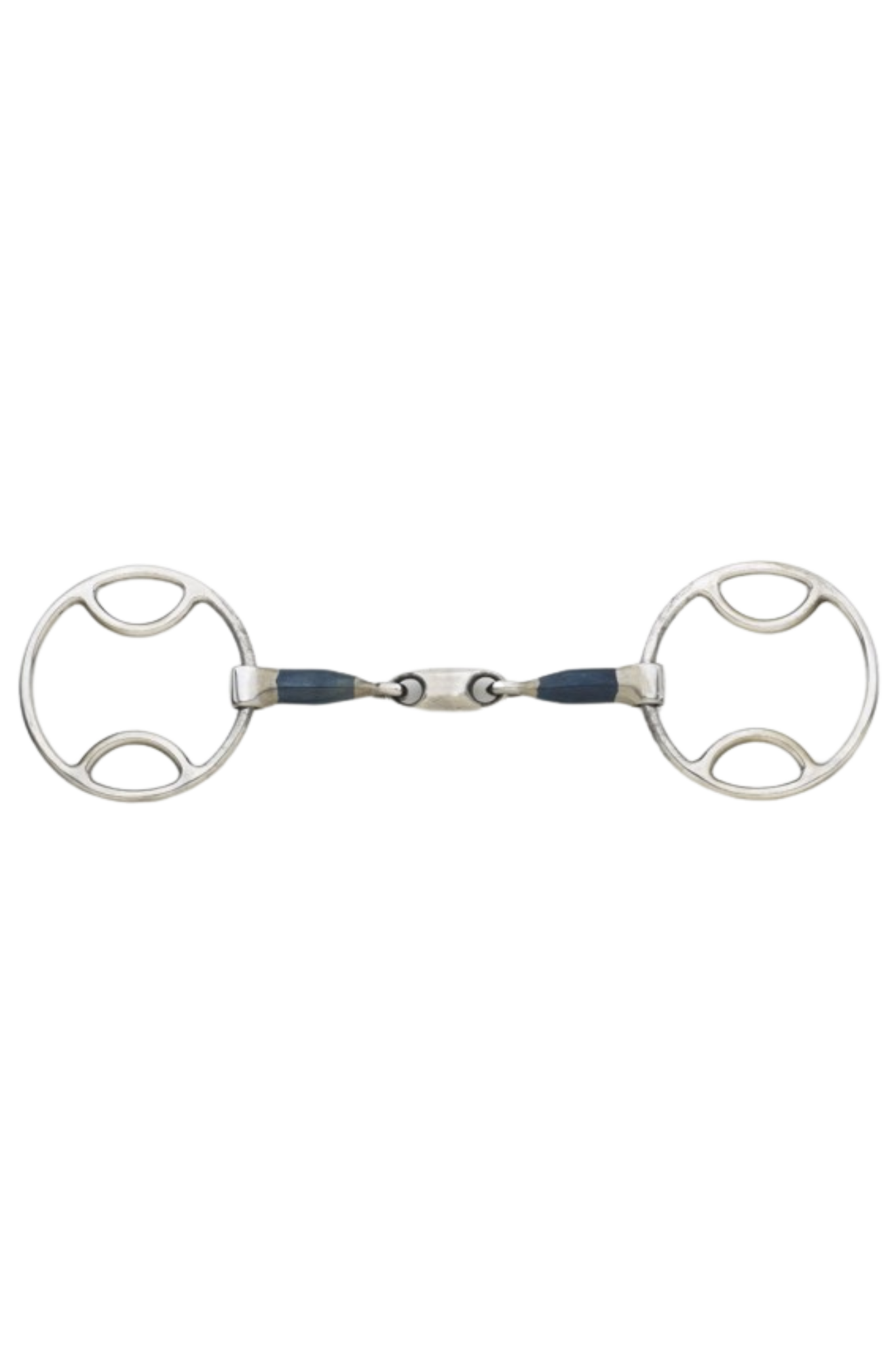 A blue steel bit with an oval link loopring gag, typically used for horse riding.