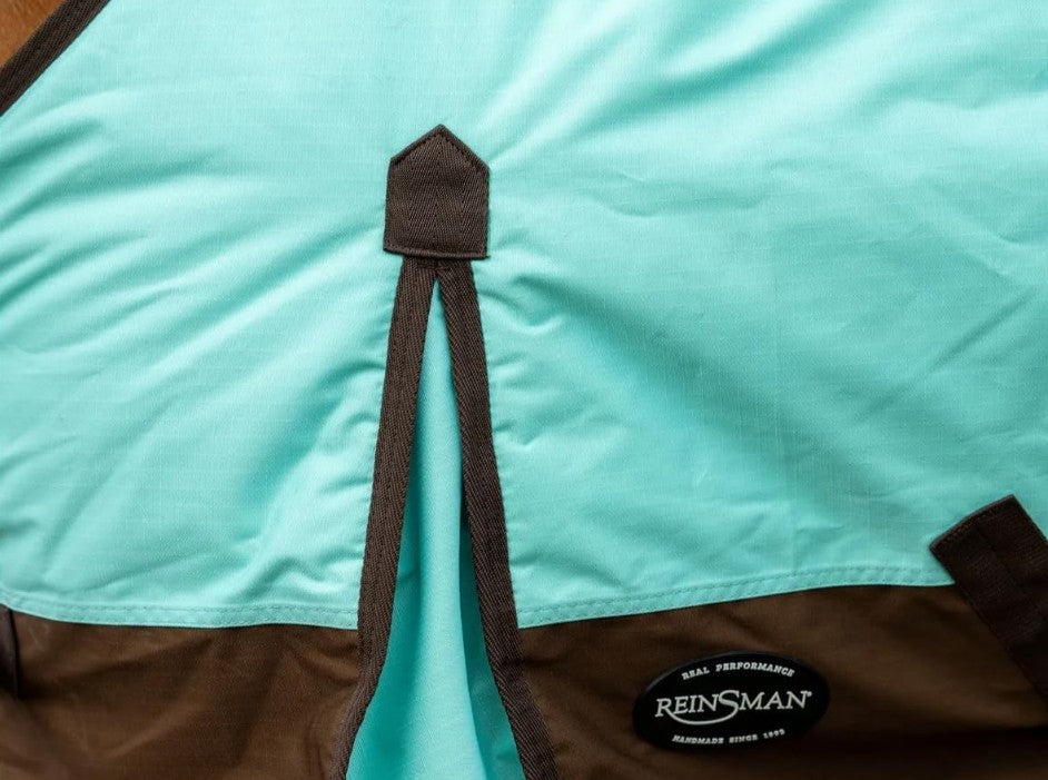 aqua and brown horse blanket on a white background