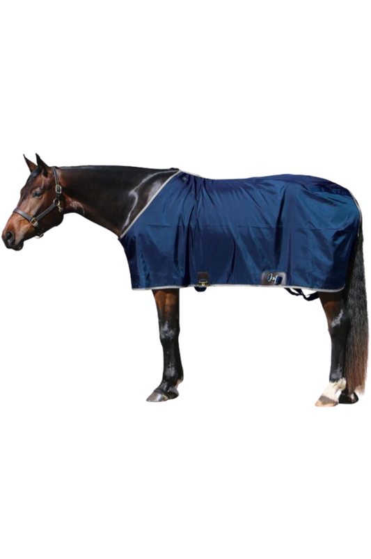 A horse wearing a blue open front nylon stable sheet.