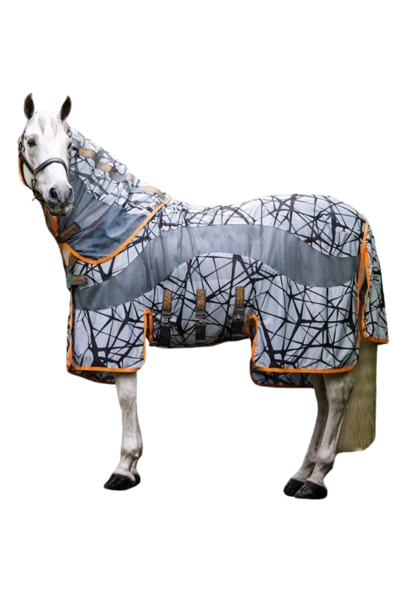 A mannequin horse wearing a gray camouflage fly sheet with orange trim.