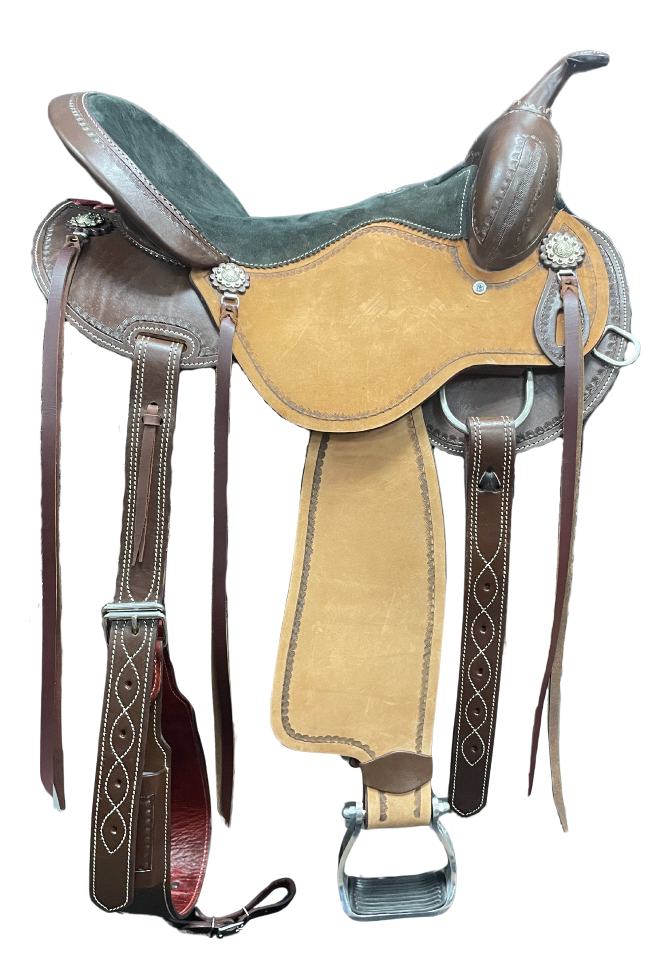 Western saddle with leather straps on a white background
