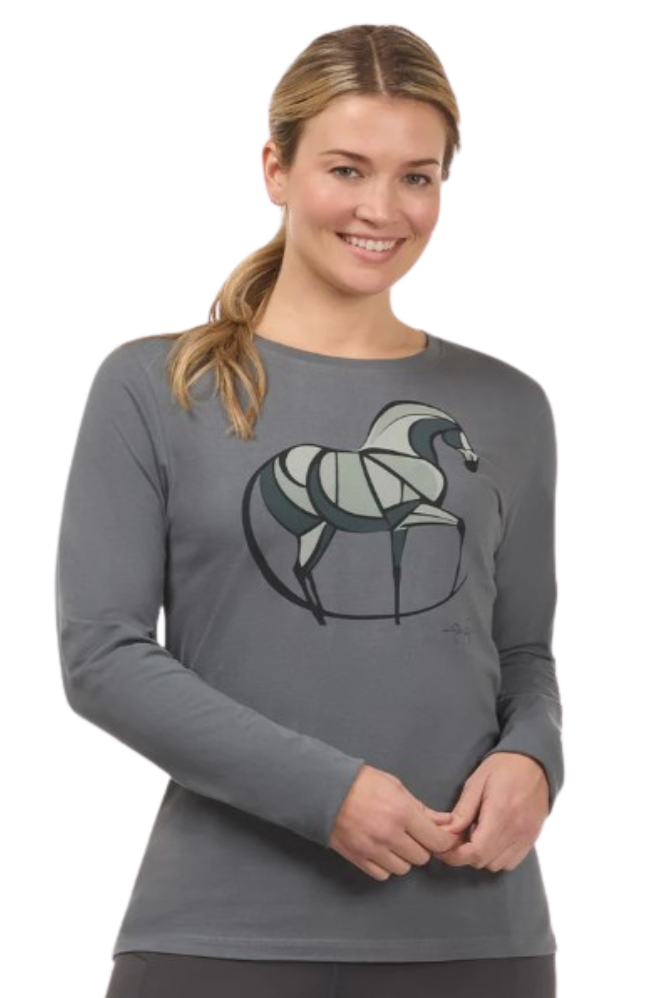 Woman wearing a gray long-sleeve shirt with a graphic design on a white background