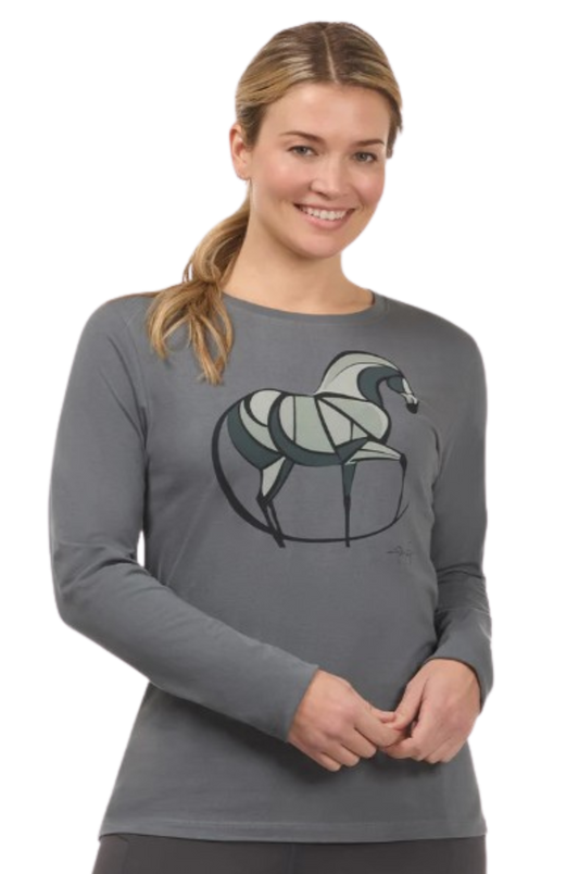 Woman wearing a gray long-sleeve shirt with a graphic design on a white background