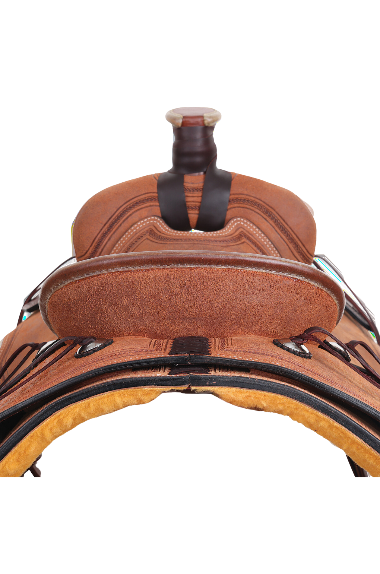 A brown Riata Ranch Roper saddle designed for roping, made with premium Hermann Oak leather and featuring a Kevlar reinforced tree.