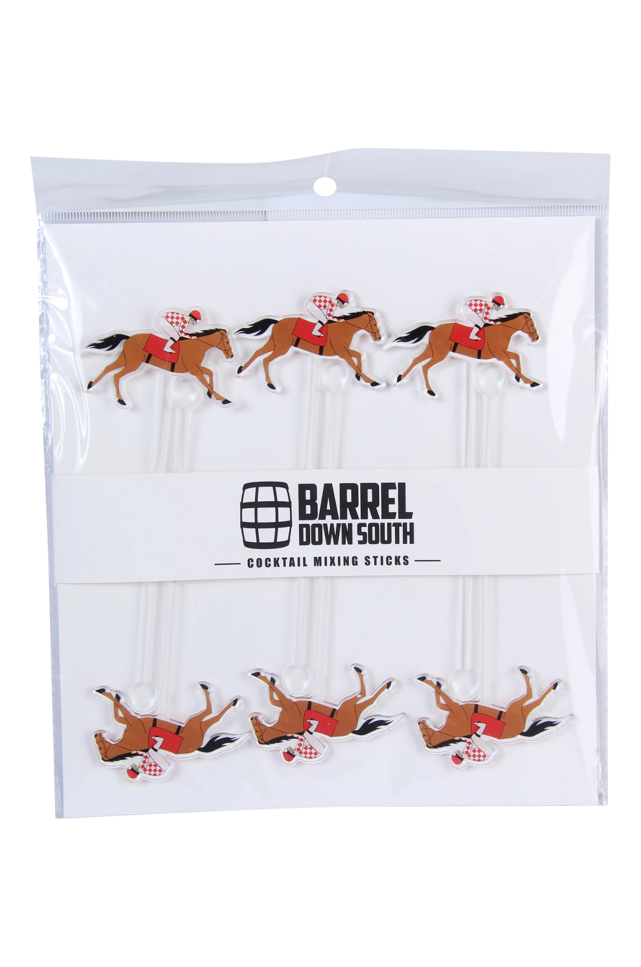 Packaged cocktail stirrers with a horse and jockey design, branded by BARREL DOWN SOUTH COCKTAIL STIRRERS.