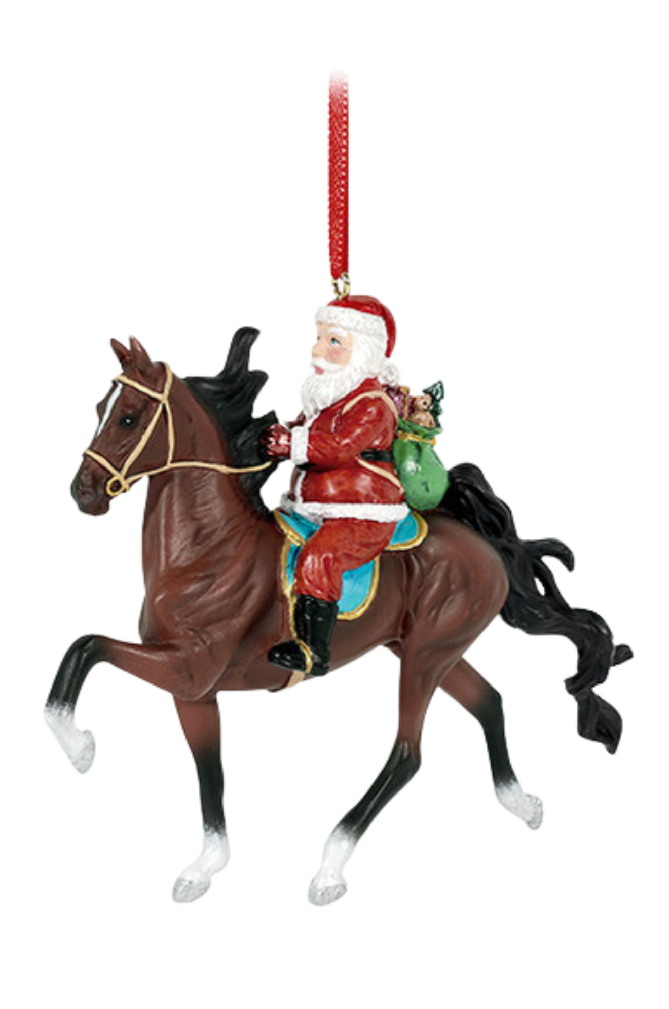 Decorative ornament of Santa Claus riding a horse on a white background