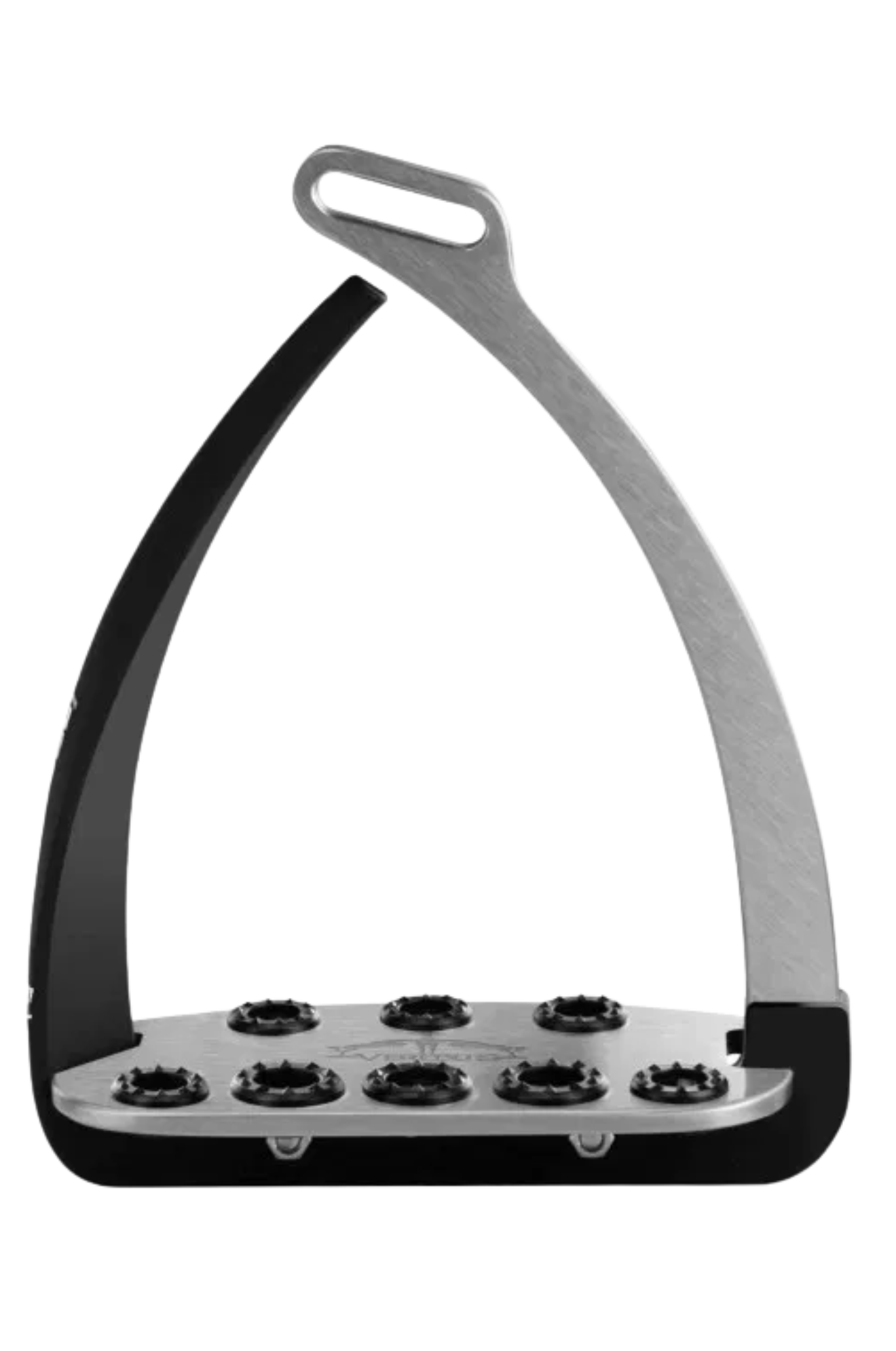 Equestrian stirrup with black rubber tips on a white background