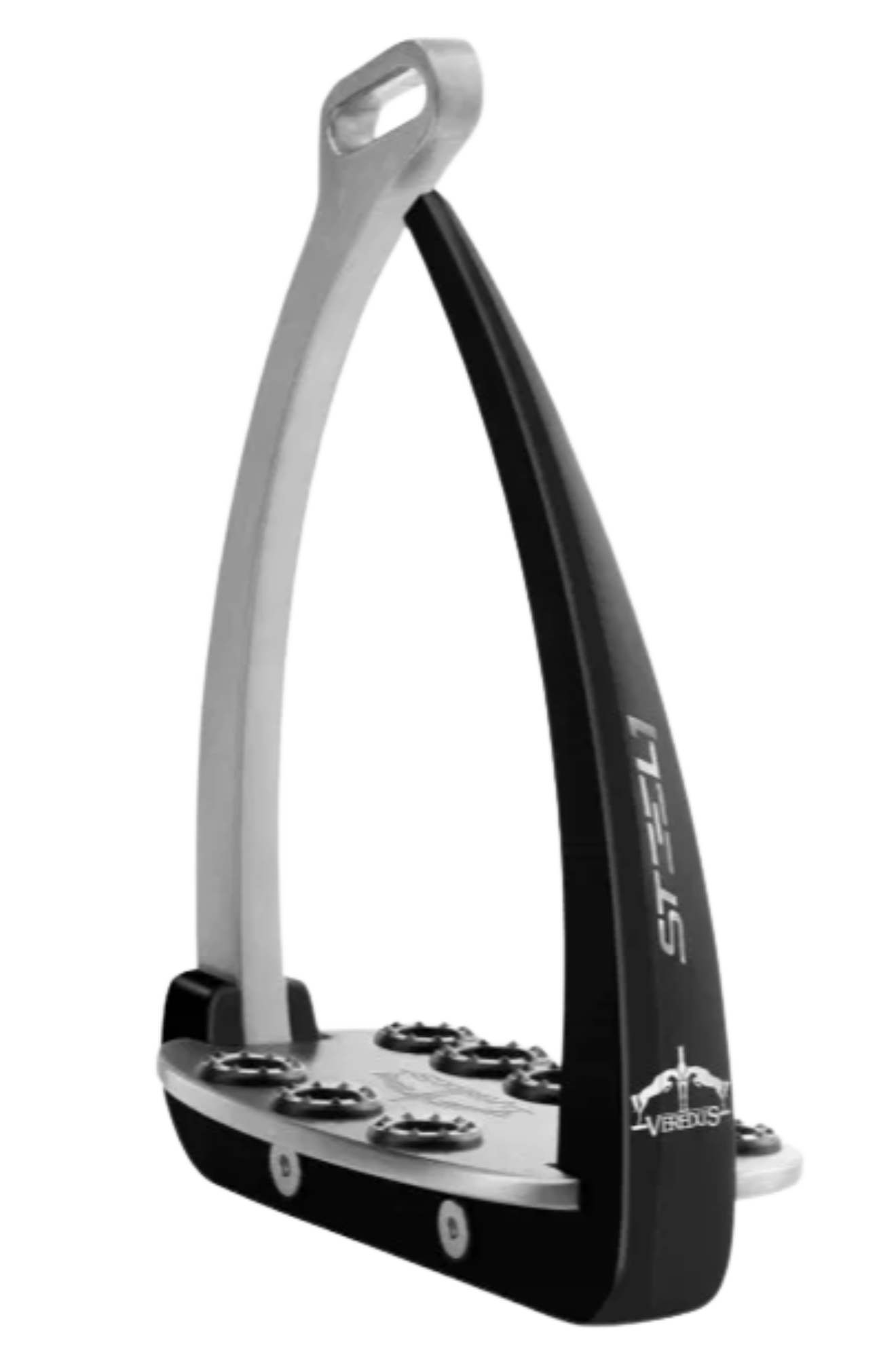Black and silver stirrup with 'Steel' branding on a white background