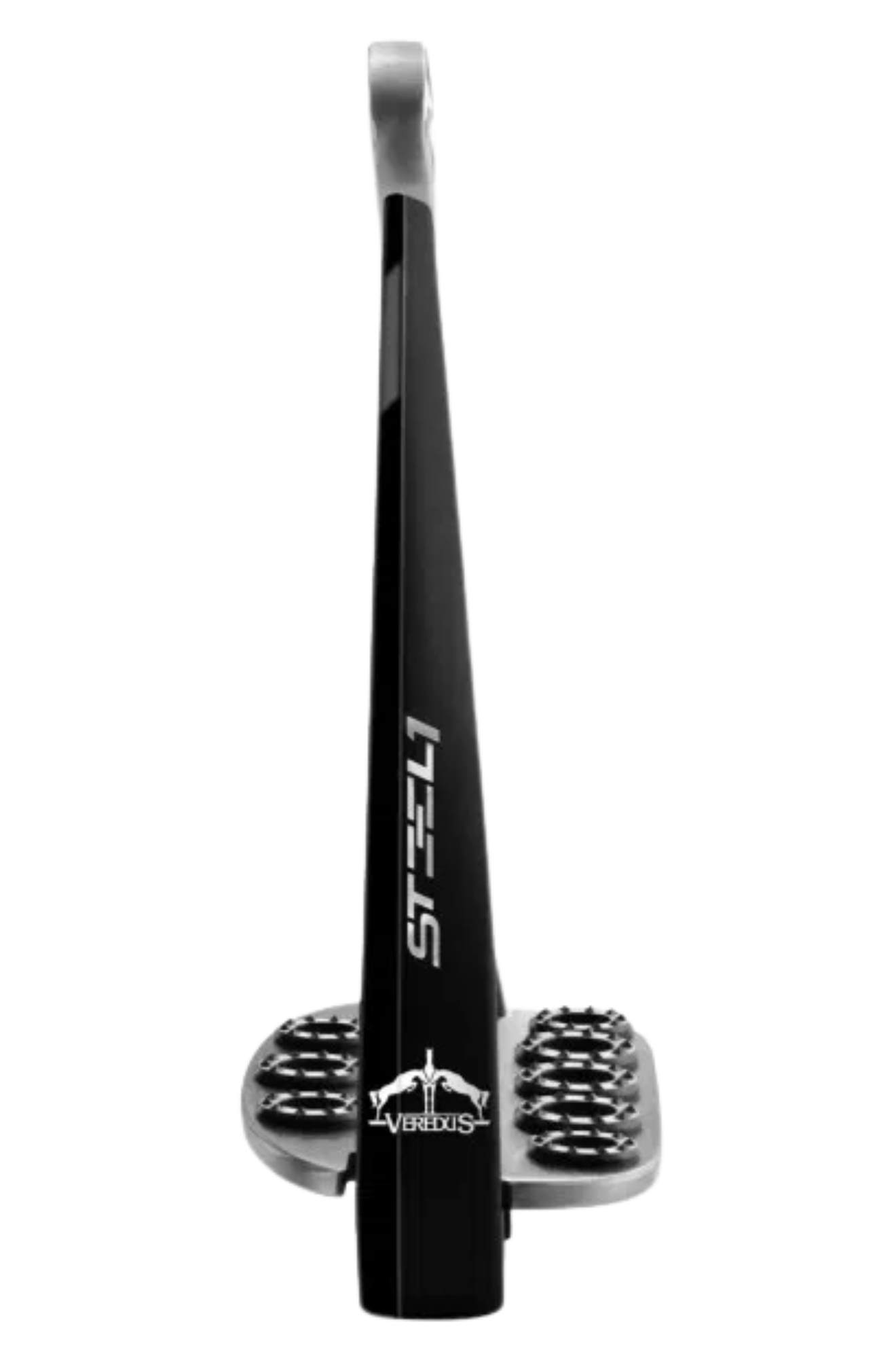 Equestrian stirrup with black rubber tips on a white background