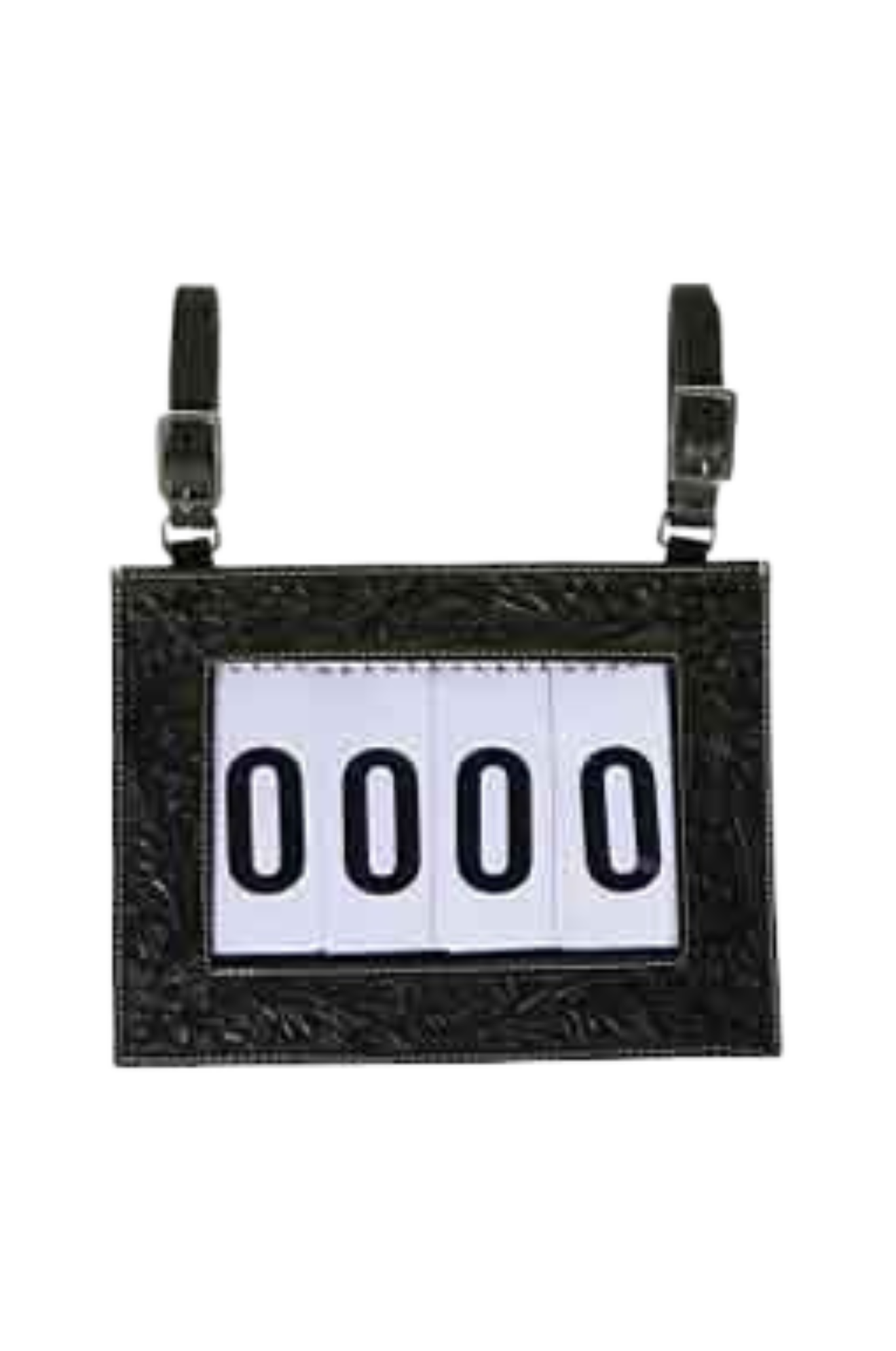 A tooled-leather number holder with adjustable straps and a white display for contestant numbers.