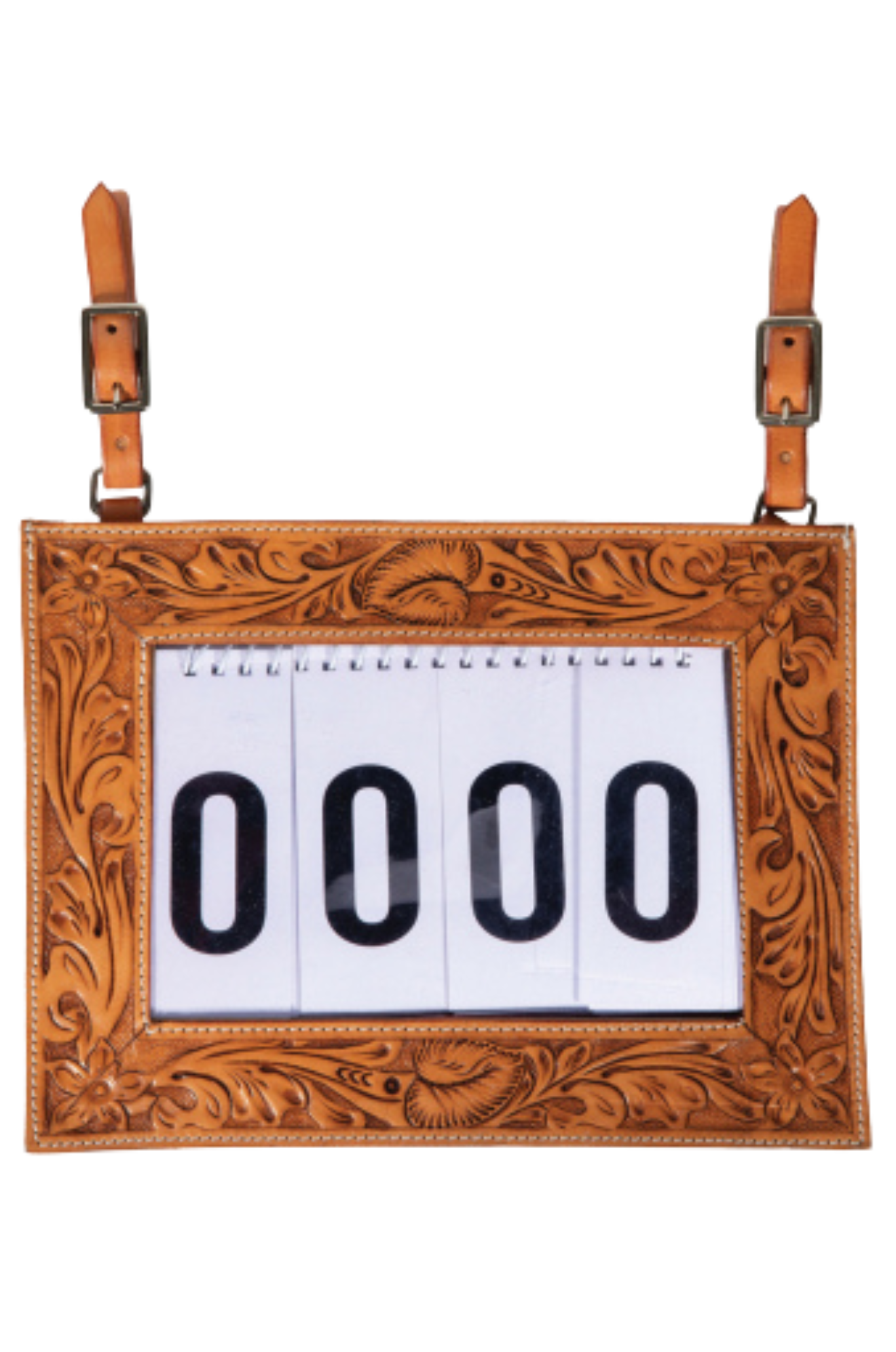 A tooled-leather number holder with adjustable straps and a white display for contestant numbers.