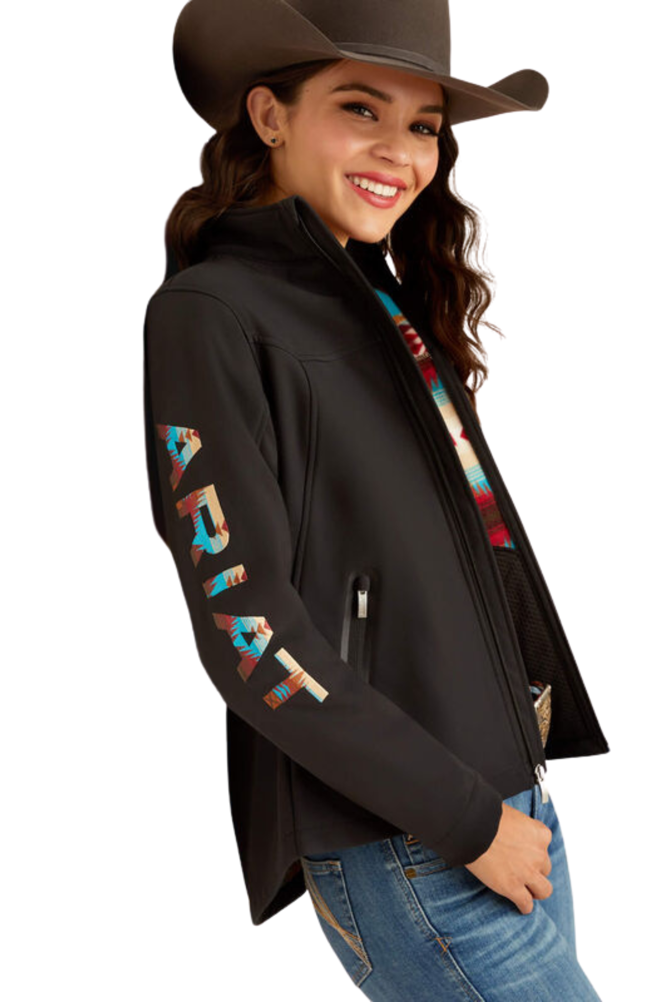 A woman wearing a black softshell jacket with the text 'TEAM' on the sleeves and a logo on the chest.