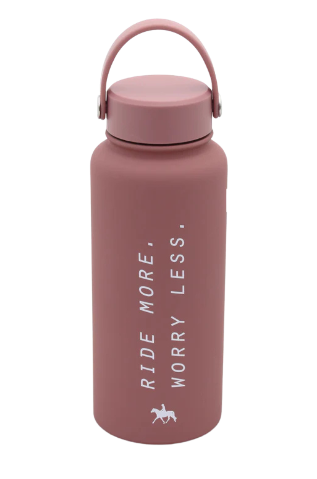 A pink insulated water bottle with white text 'Ride More, Worry Less' and a small graphic of a horse.