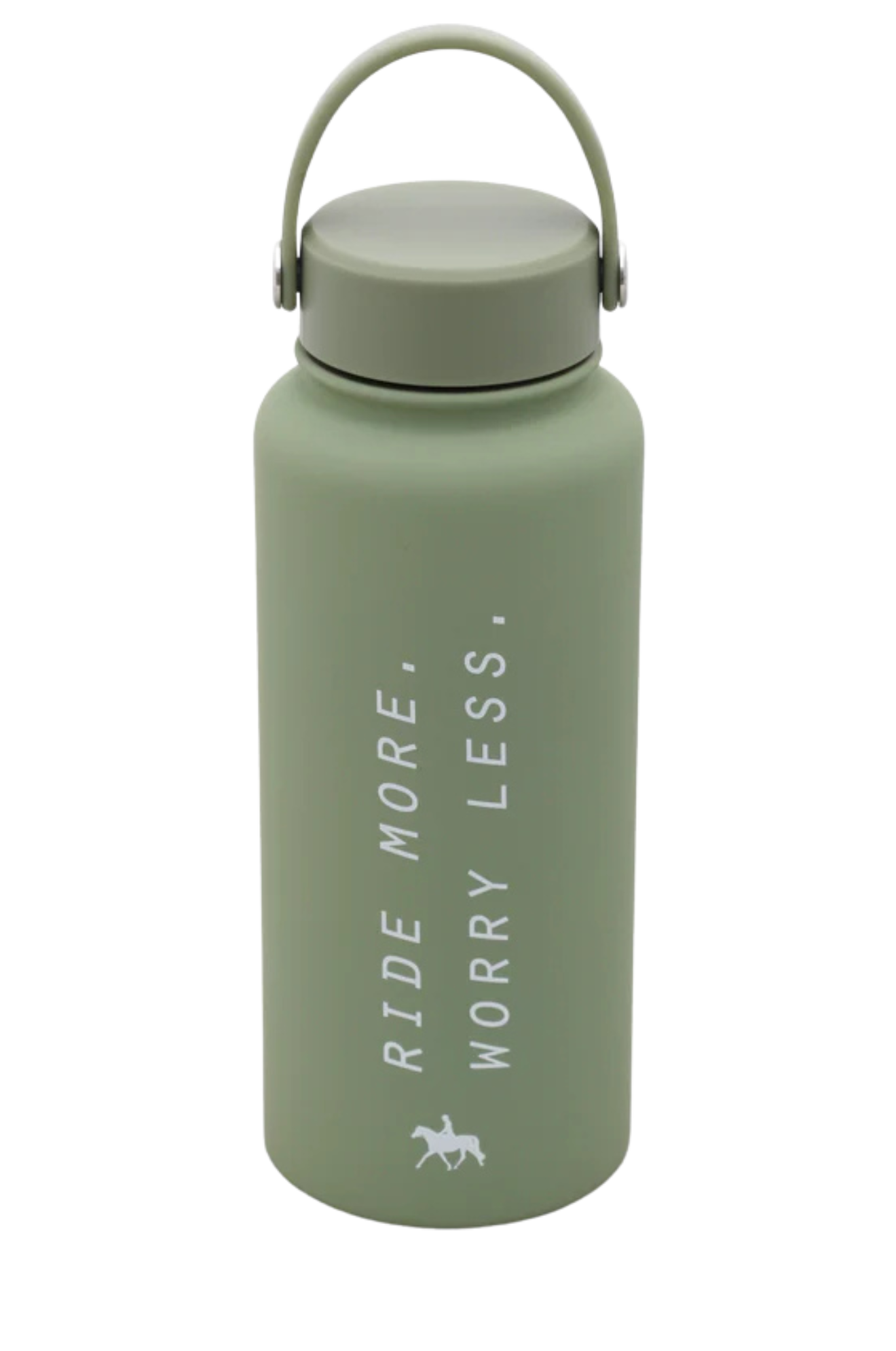 A green insulated water bottle with white text 'Ride More, Worry Less' and a small graphic of a horse.