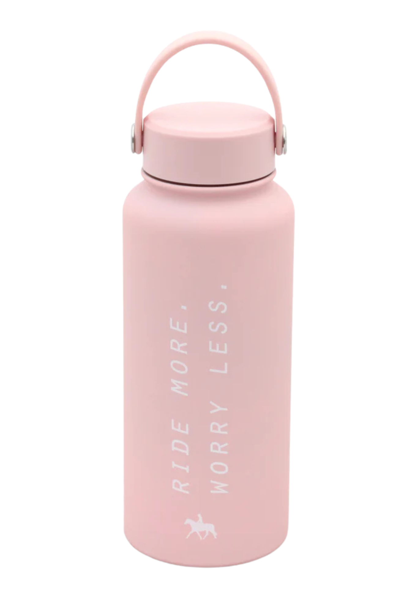 A pink insulated water bottle with white text 'Ride More, Worry Less' and a small graphic of a horse.
