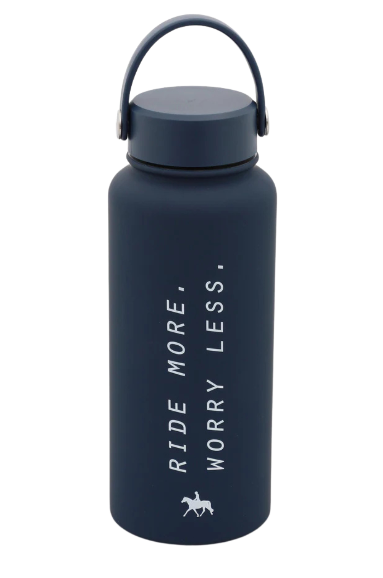 A blue insulated water bottle with white text 'Ride More, Worry Less' and a small graphic of a horse.