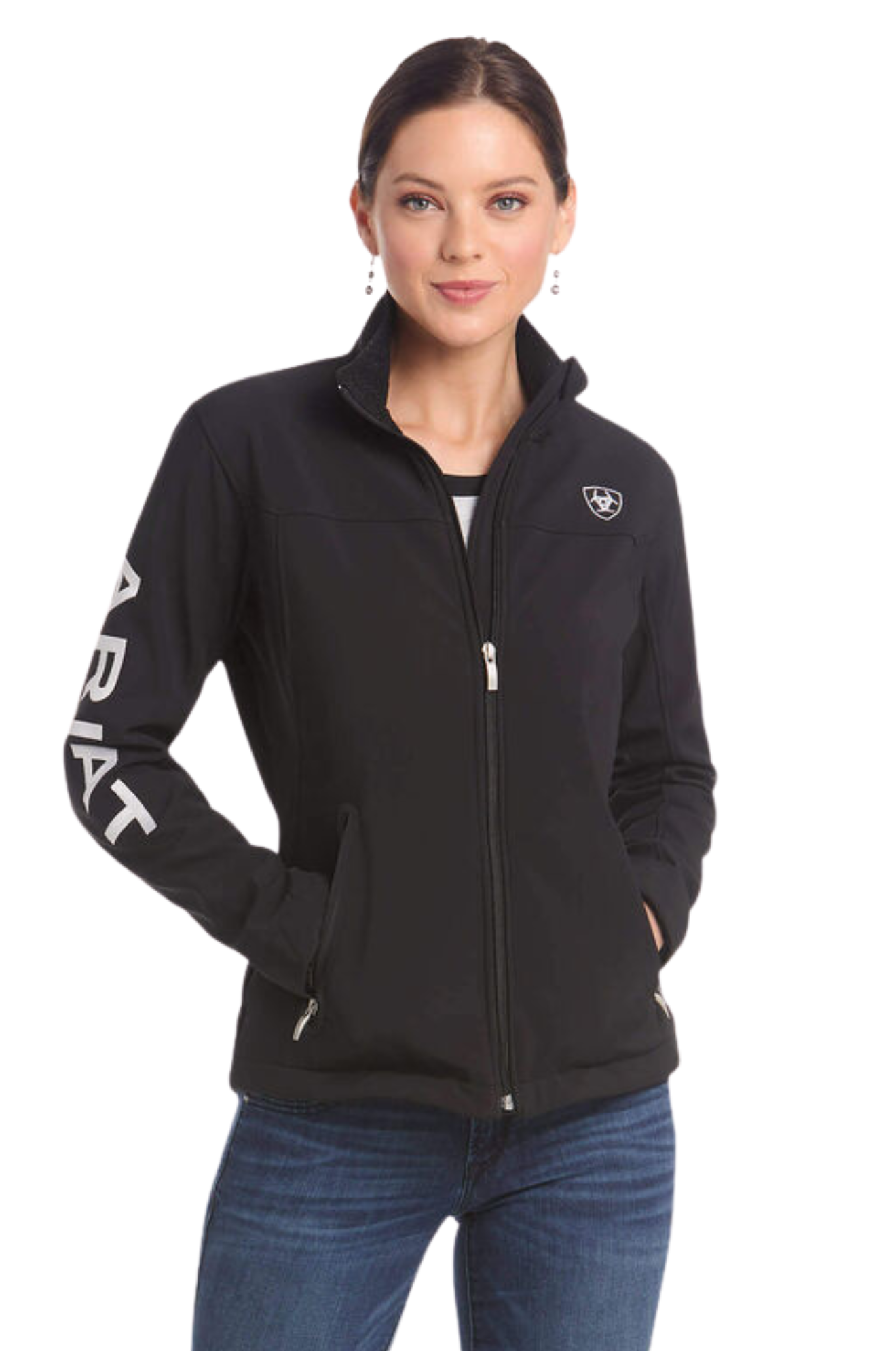 A woman wearing a black softshell jacket with the text 'TEAM' on the sleeves and a logo on the chest.