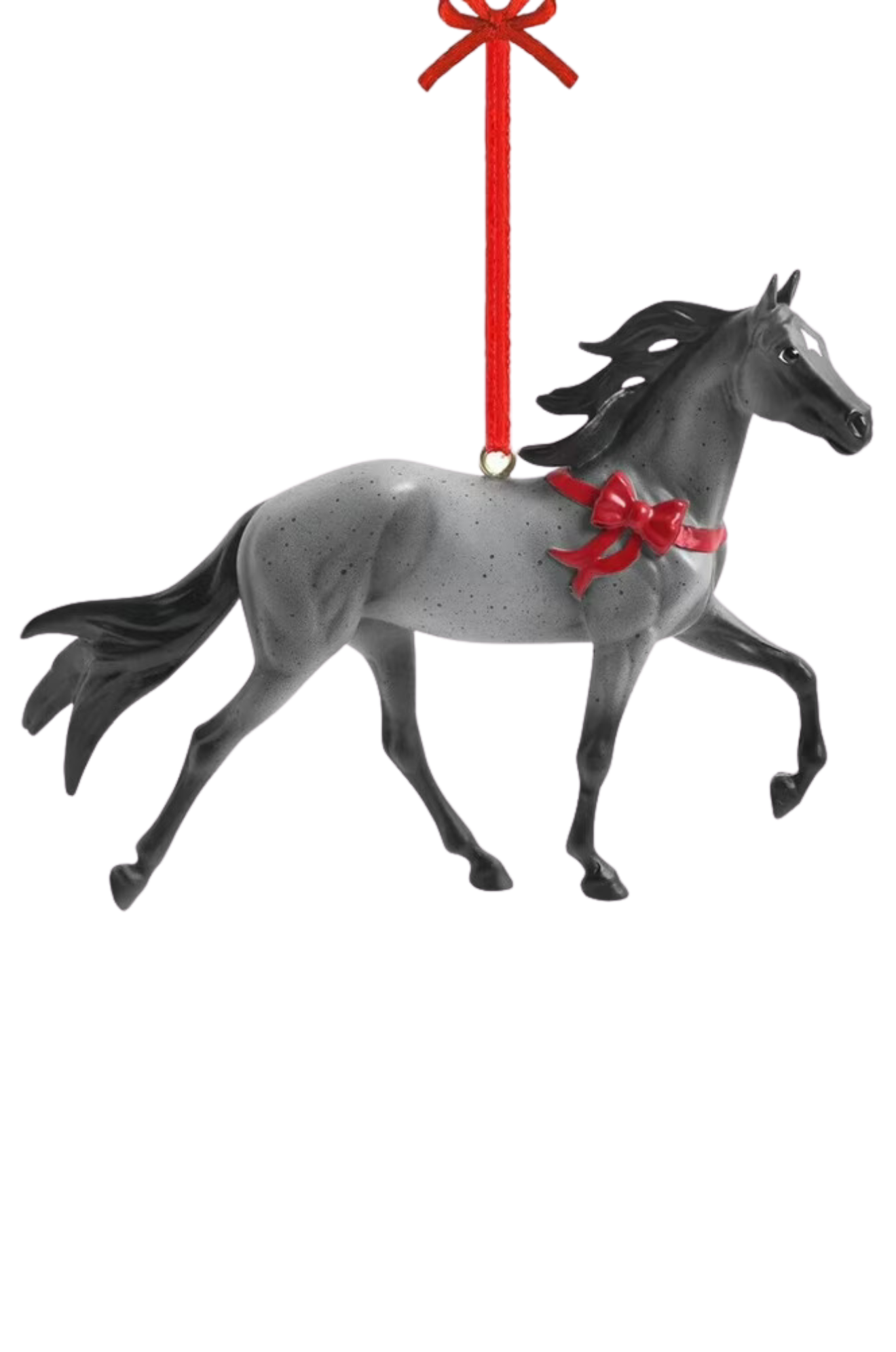 A festive holiday ornament of a gray Tennessee Walking Horse with a red bow around its neck, designed by artist Sommer Prosser.