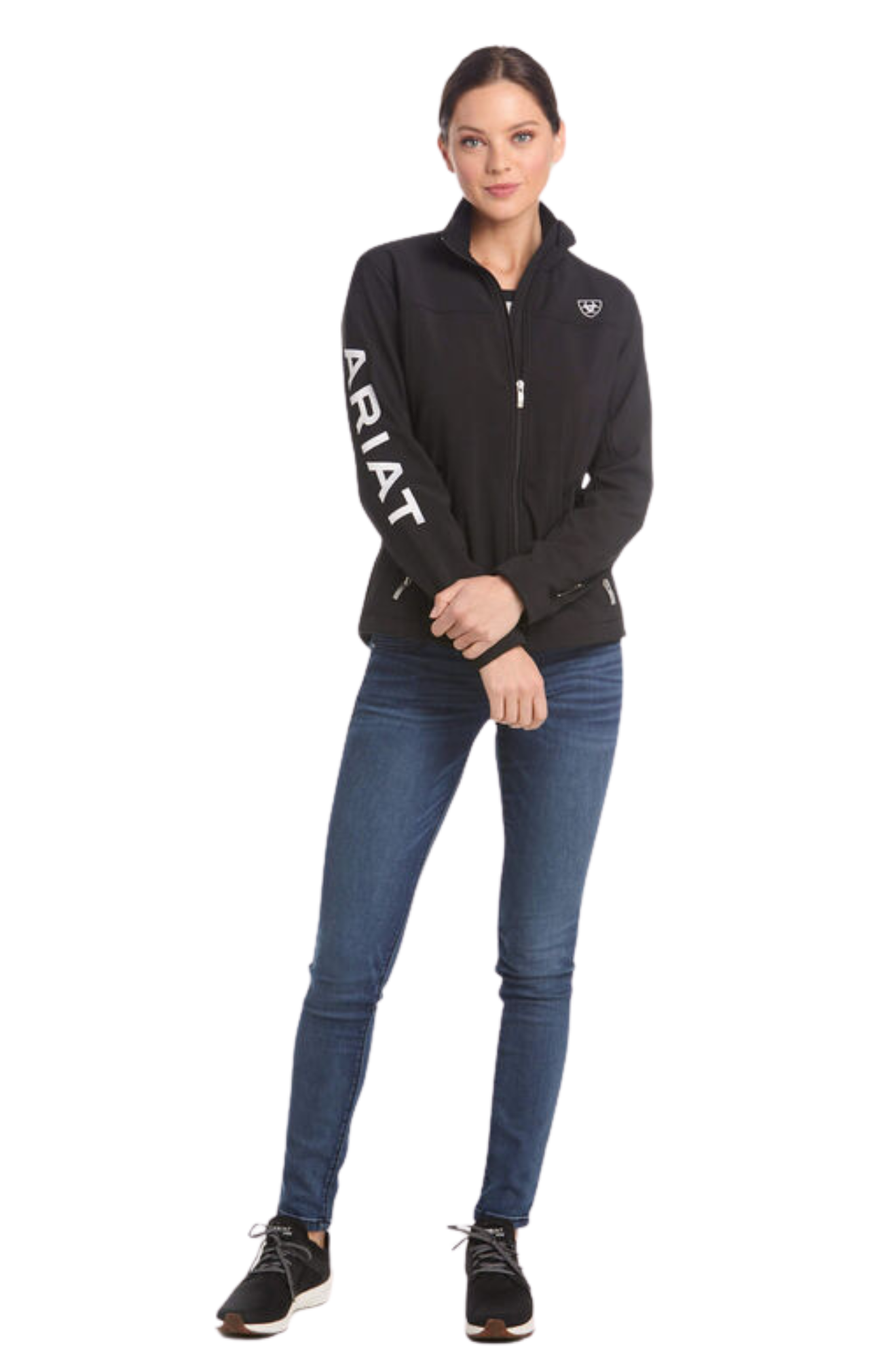 A woman wearing a black softshell jacket with the text 'TEAM' on the sleeves and a logo on the chest.