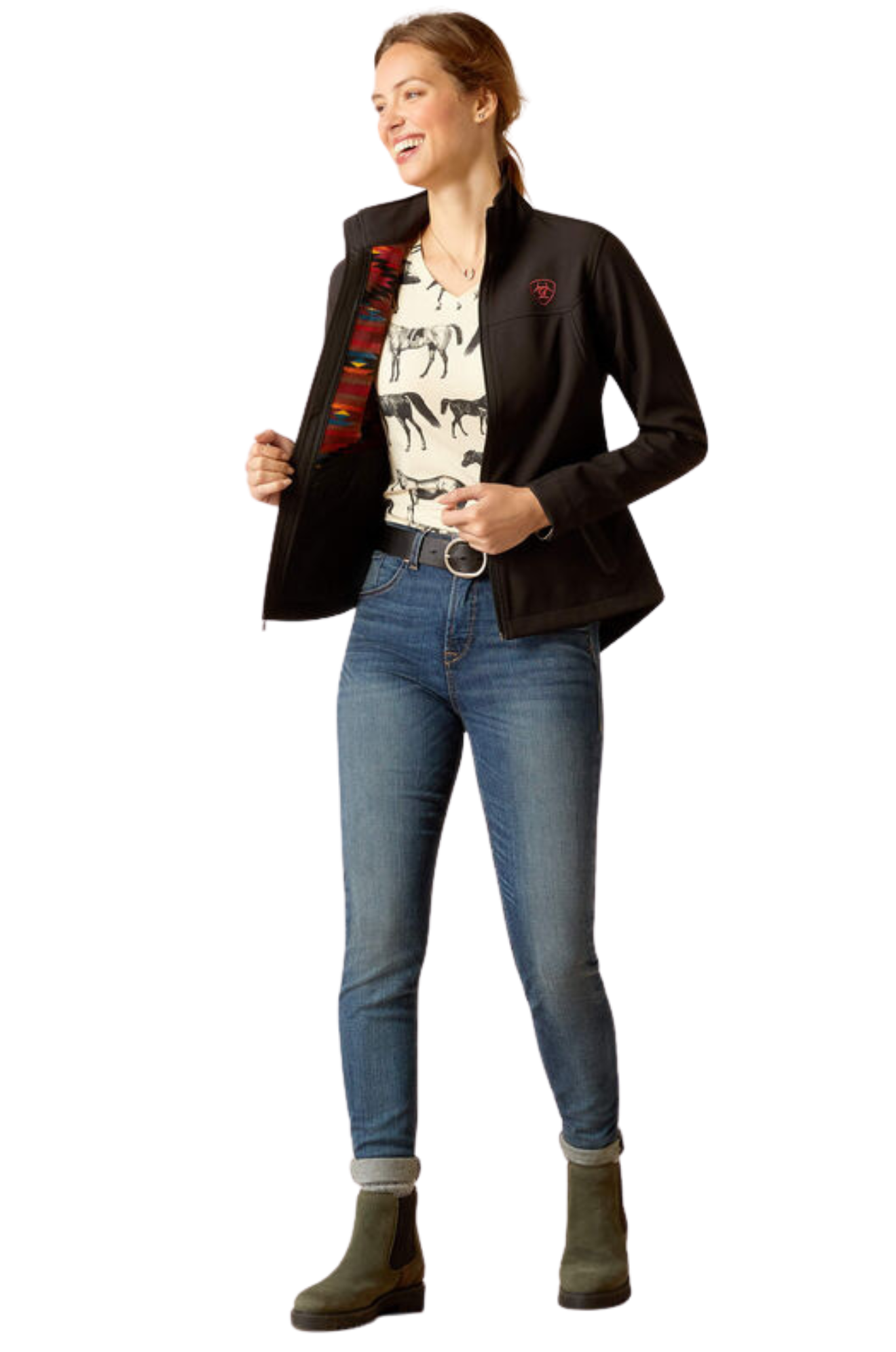A woman wearing a black softshell jacket with the text 'TEAM' on the sleeves and a logo on the chest.