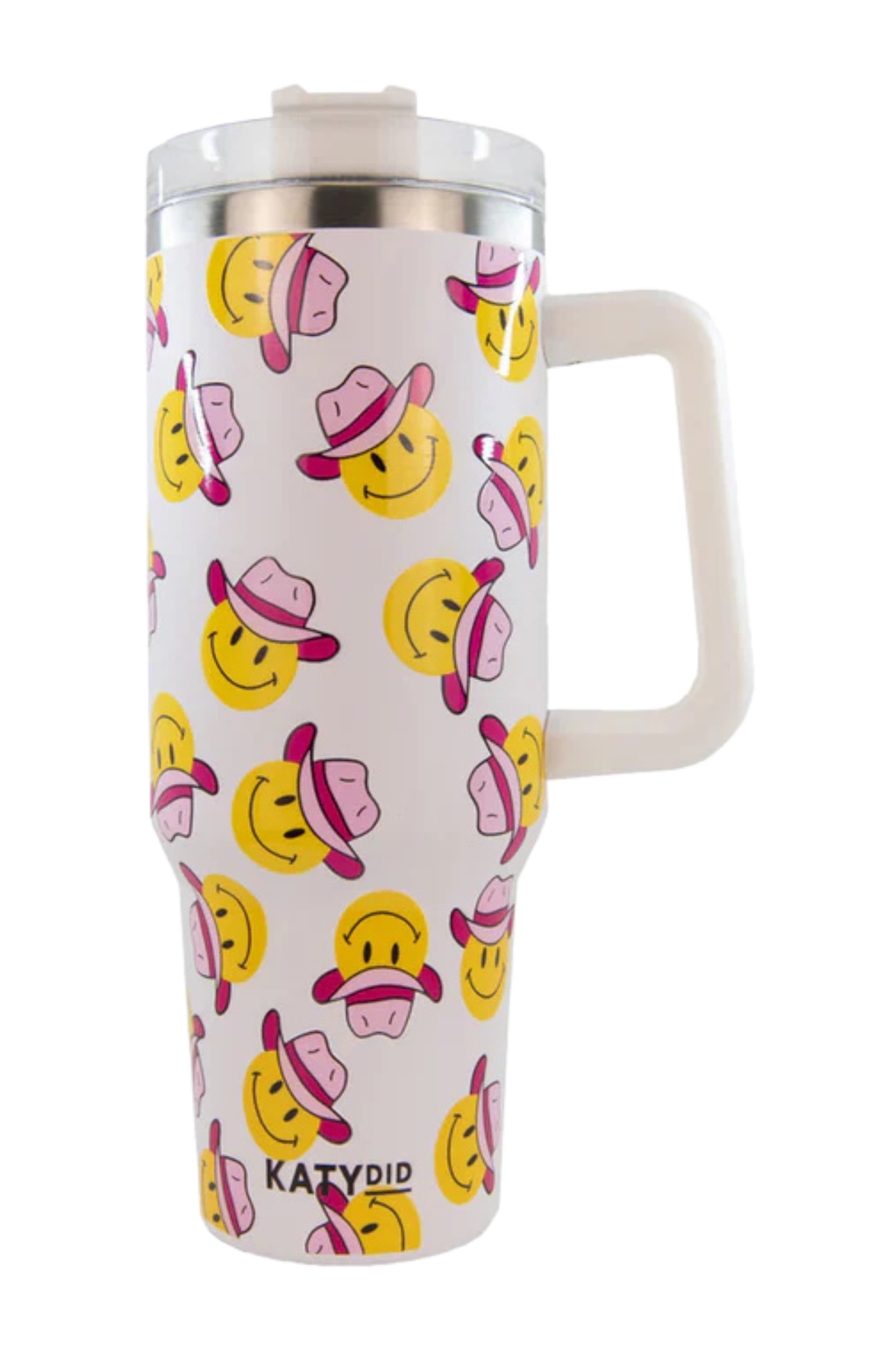 A white stainless steel tumbler with a handle, featuring a repeated pattern of happy faces wearing pink cowboy hats.