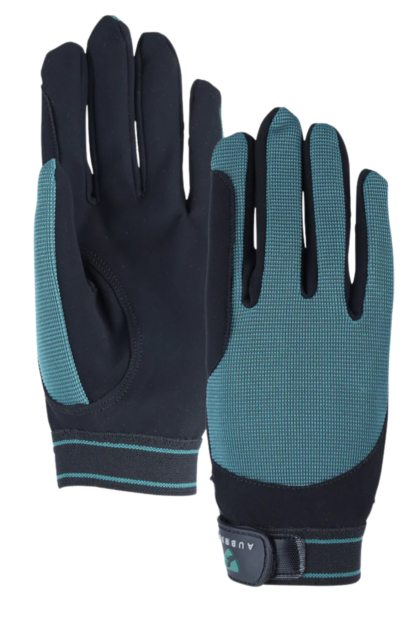 Pair of black and teal gloves on a white background