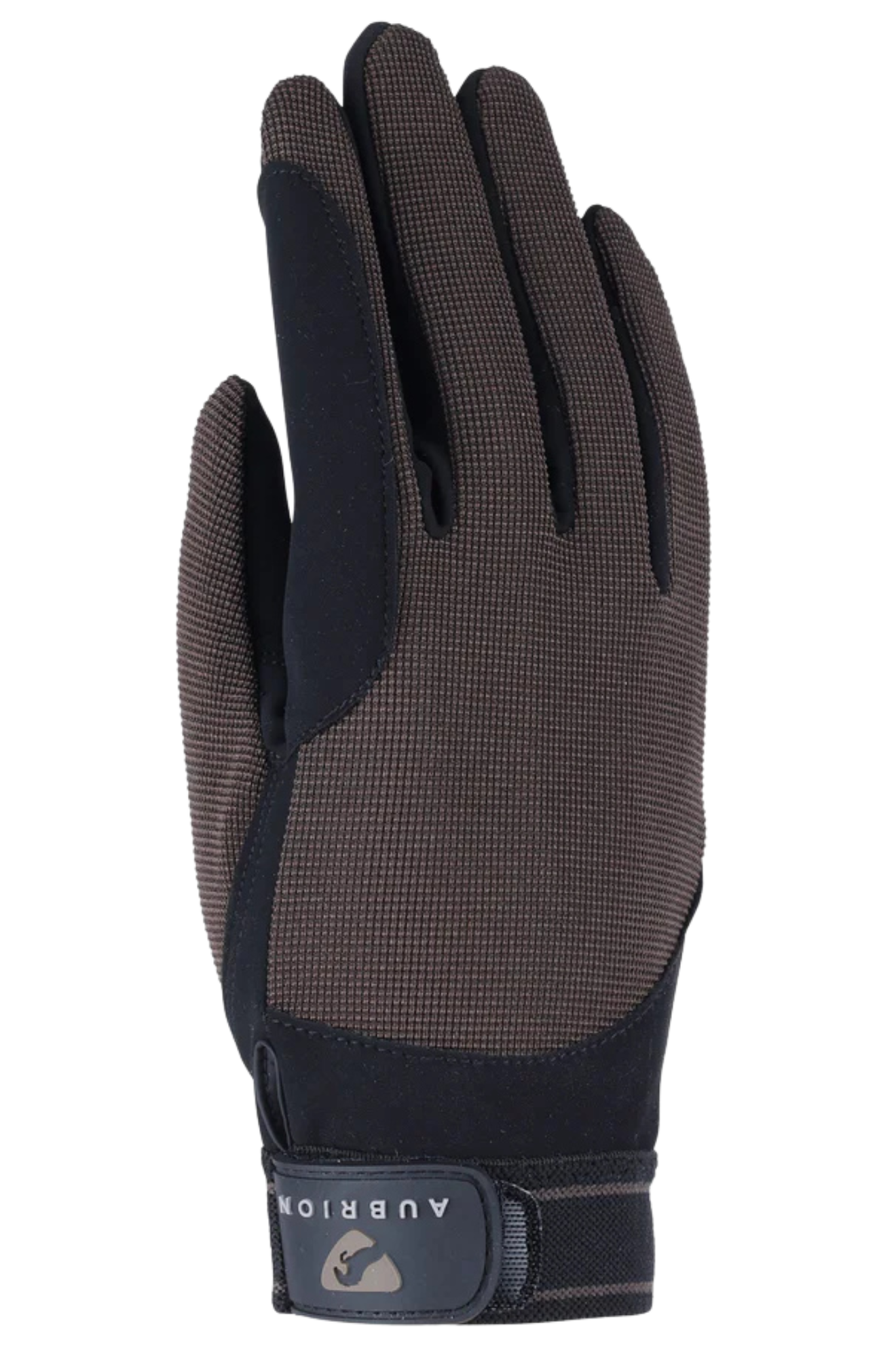 Brown and black glove with a visible brand logo on a white background