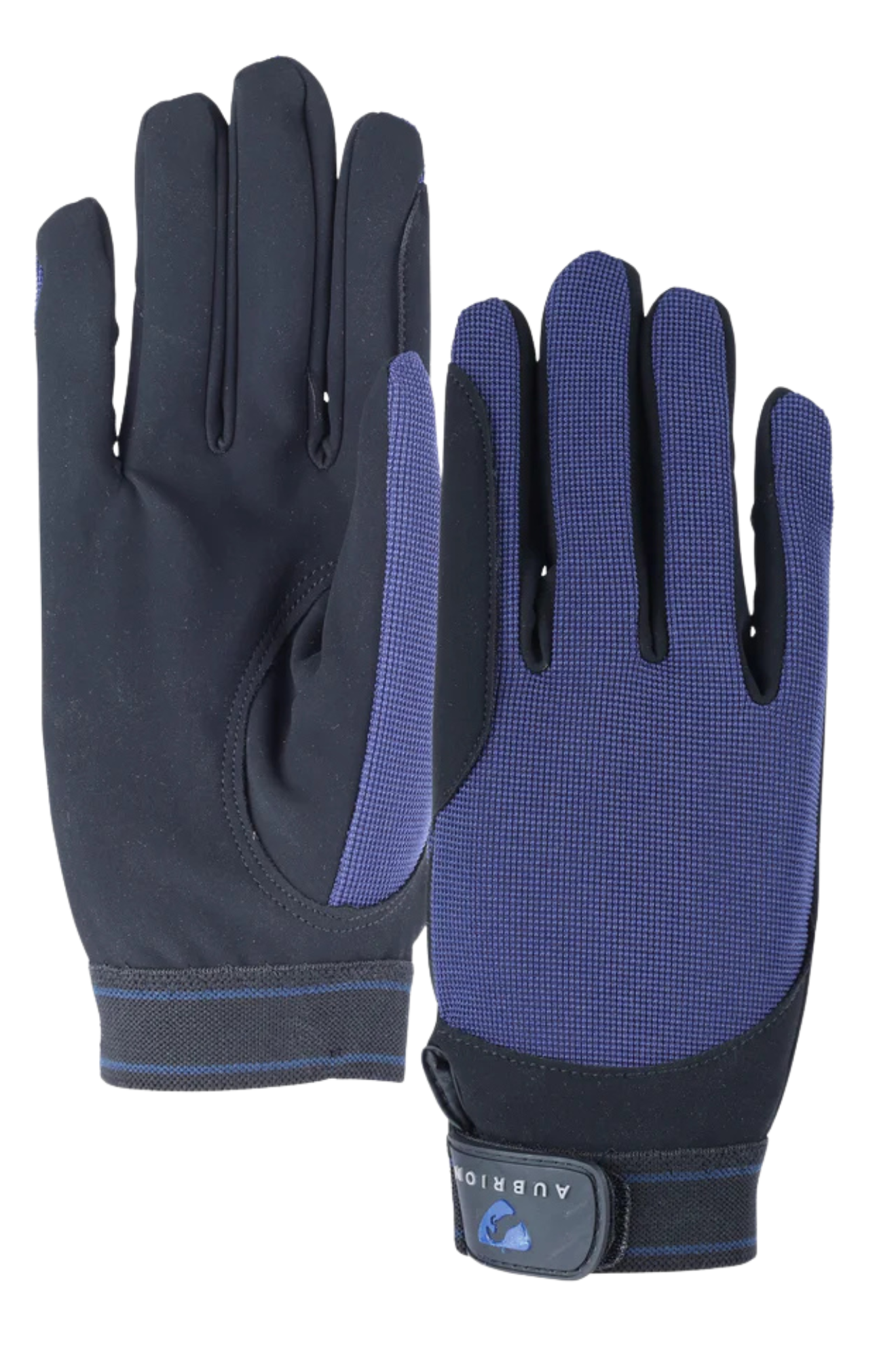 Pair of black and blue gloves with a visible brand logo on a white background