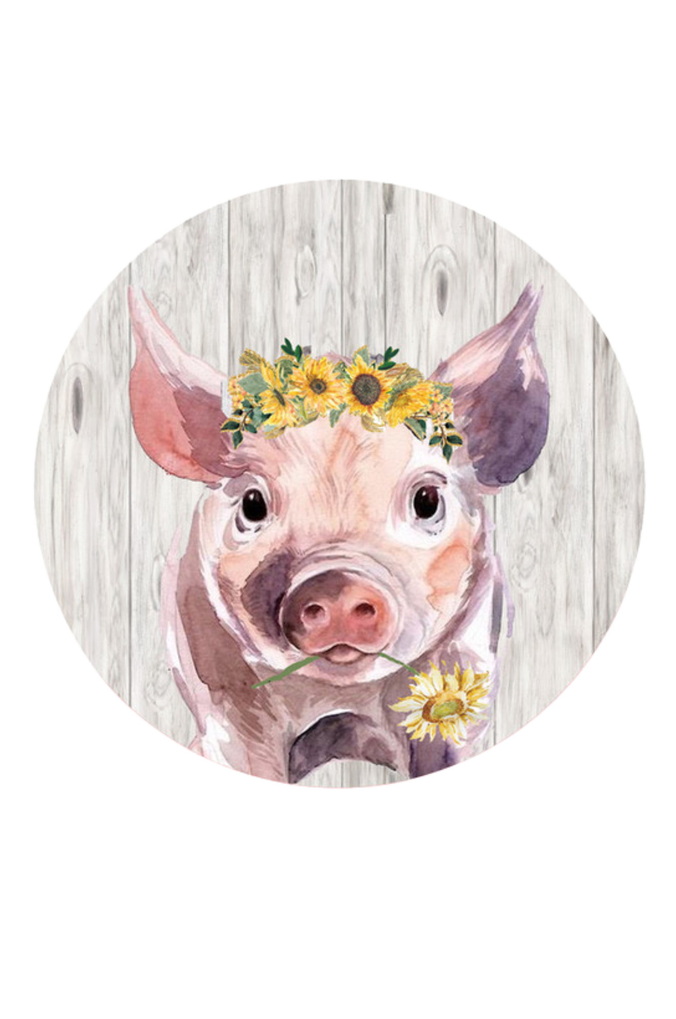 Illustration of a pig with a flower crown on a wooden background