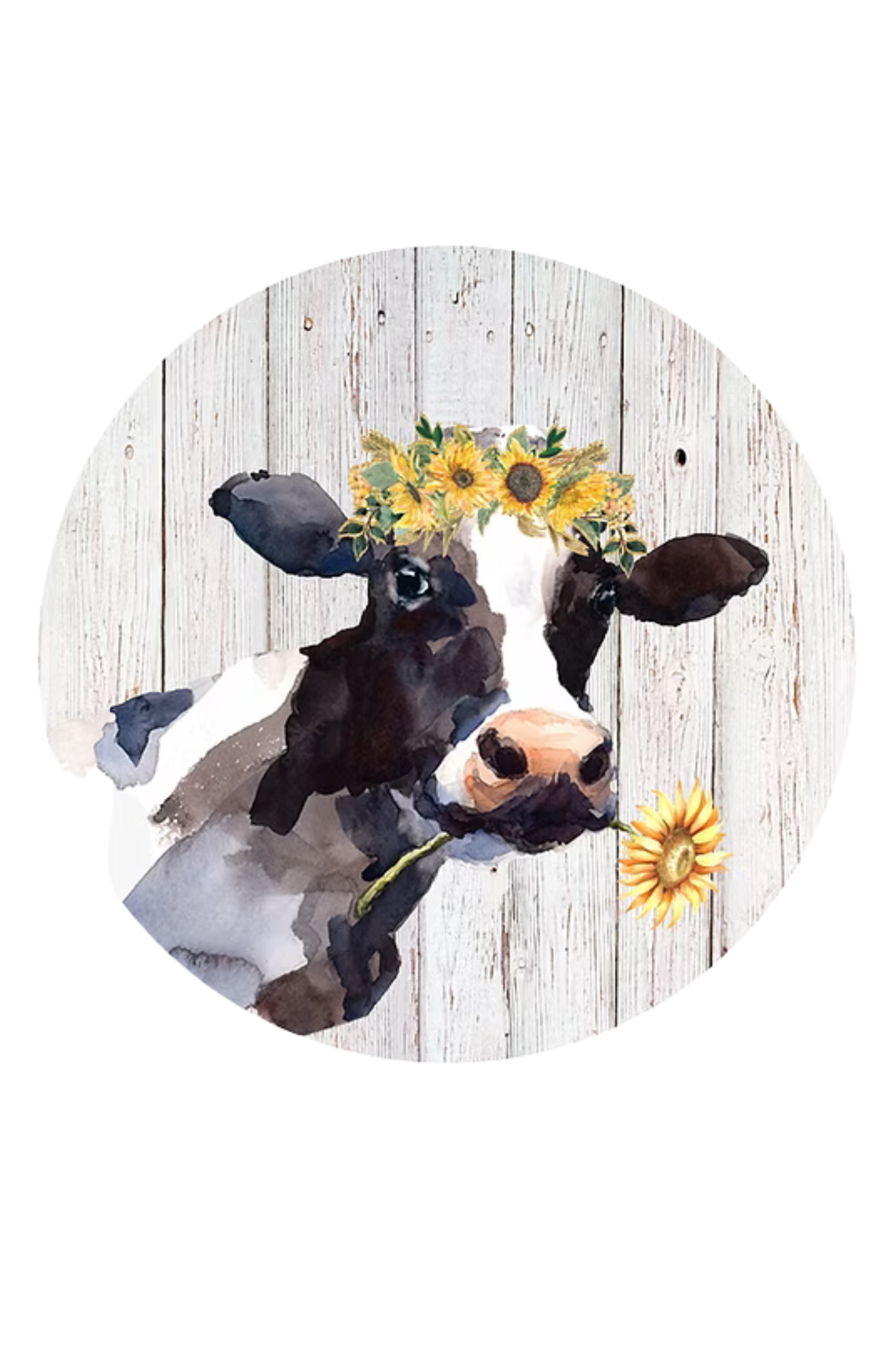 Cow with sunflower headband on a wooden background