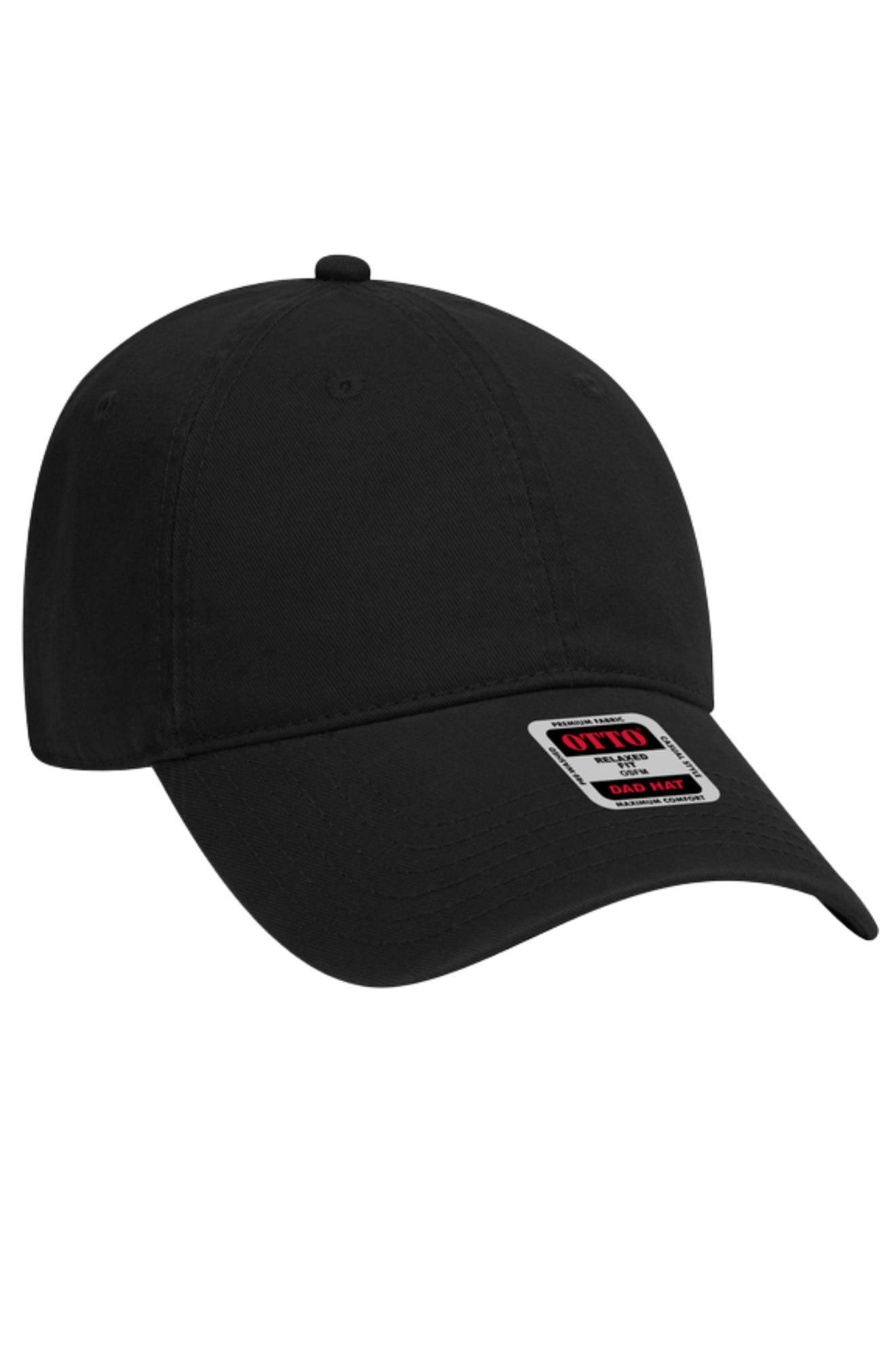 Black baseball cap with a label on a white background