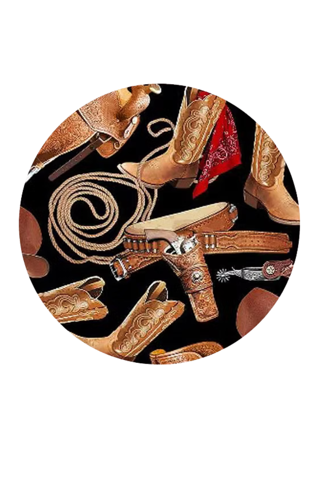 Circular design featuring cowboy boots, spurs, and lassos on a black background