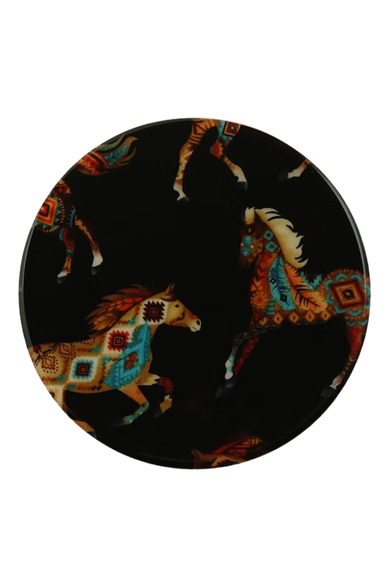 Round ceramic plate with horse design on a black background