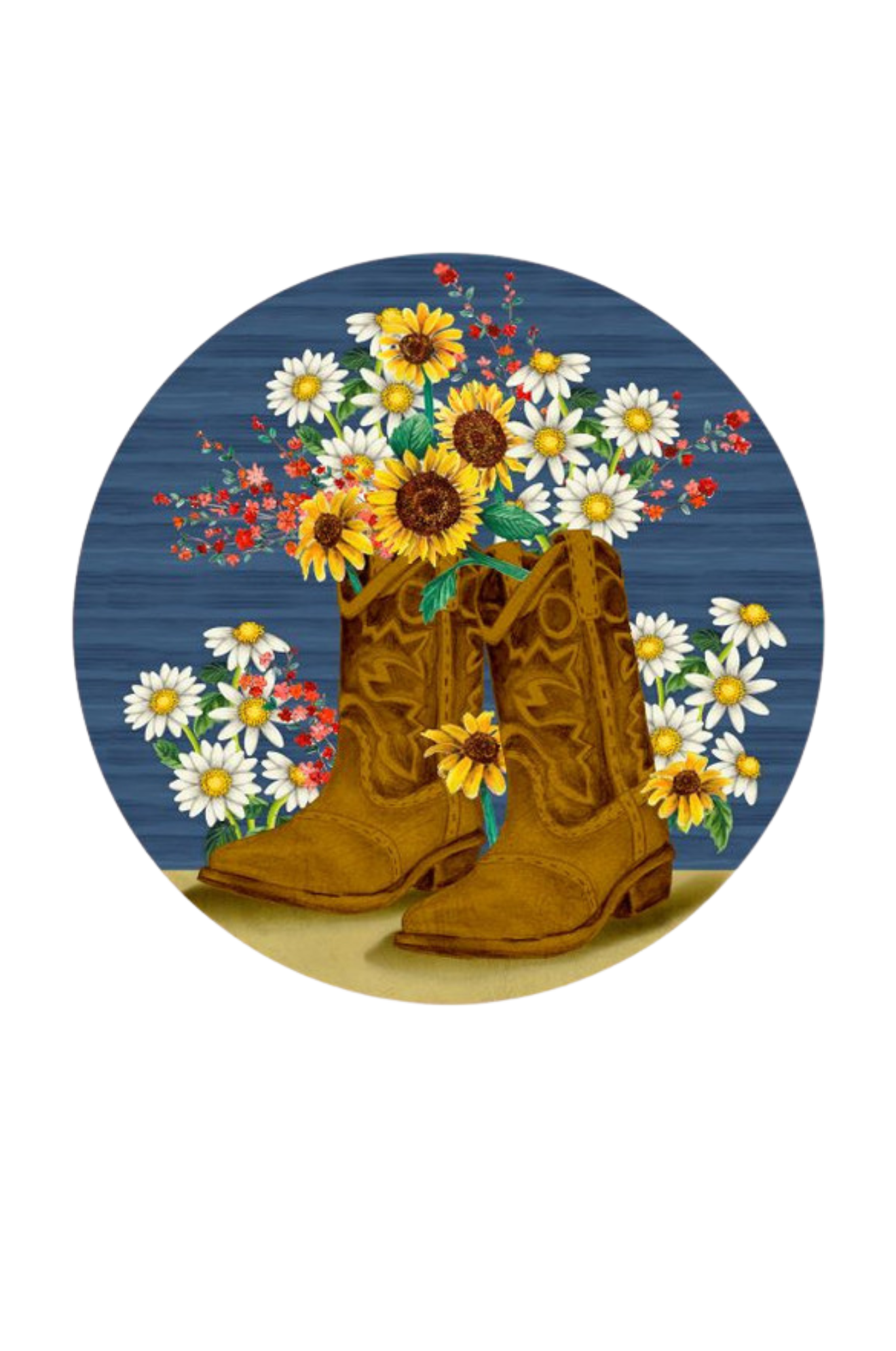 Illustration of brown cowboy boots with a bouquet of flowers on a blue background