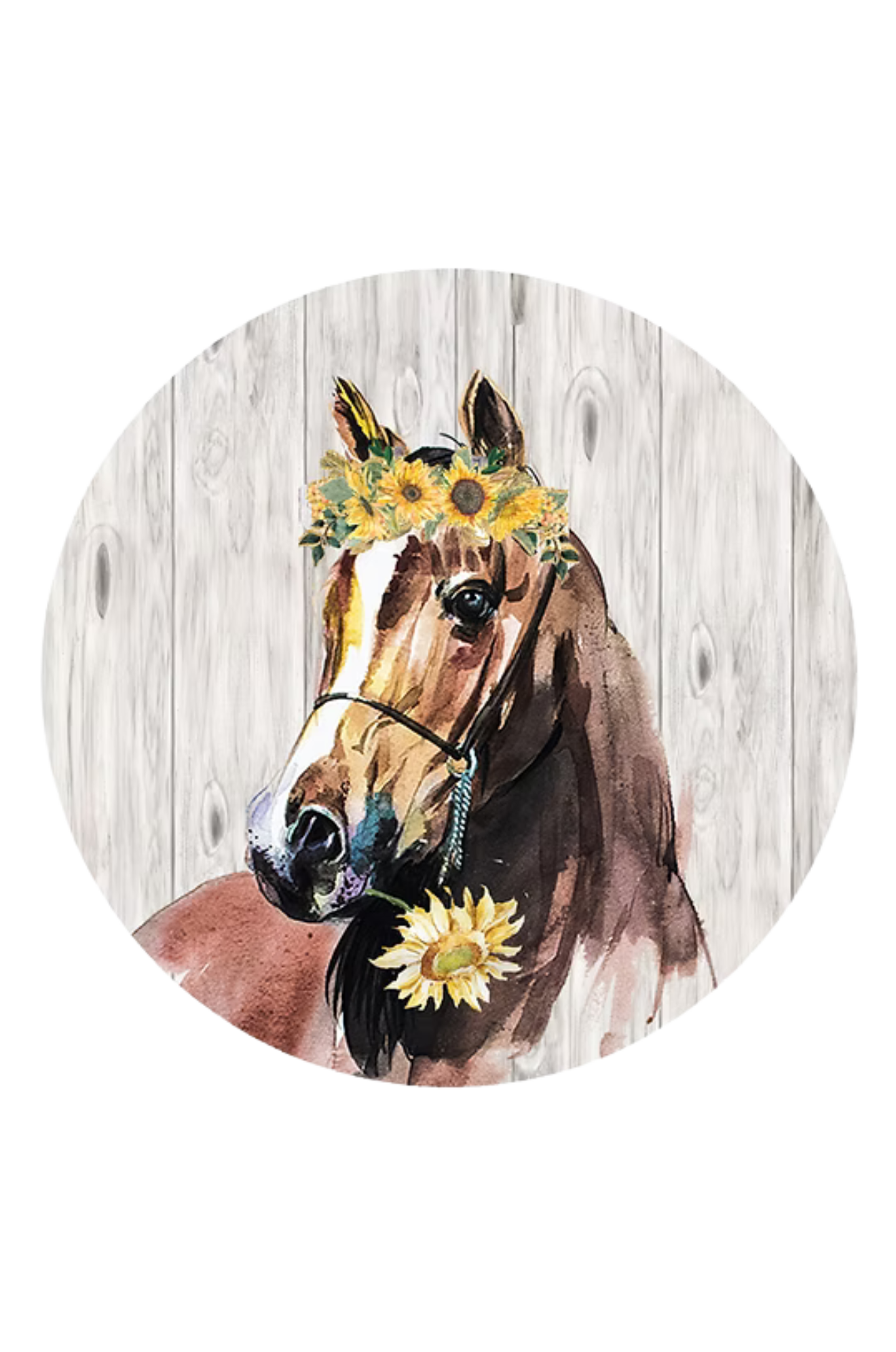 Painting of a horse with sunflowers on a wooden background