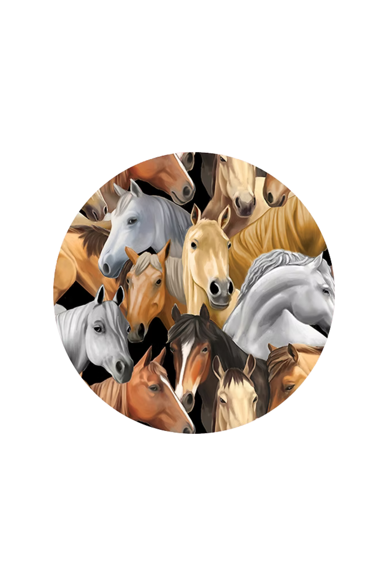 Circular design with various horse faces on a white background