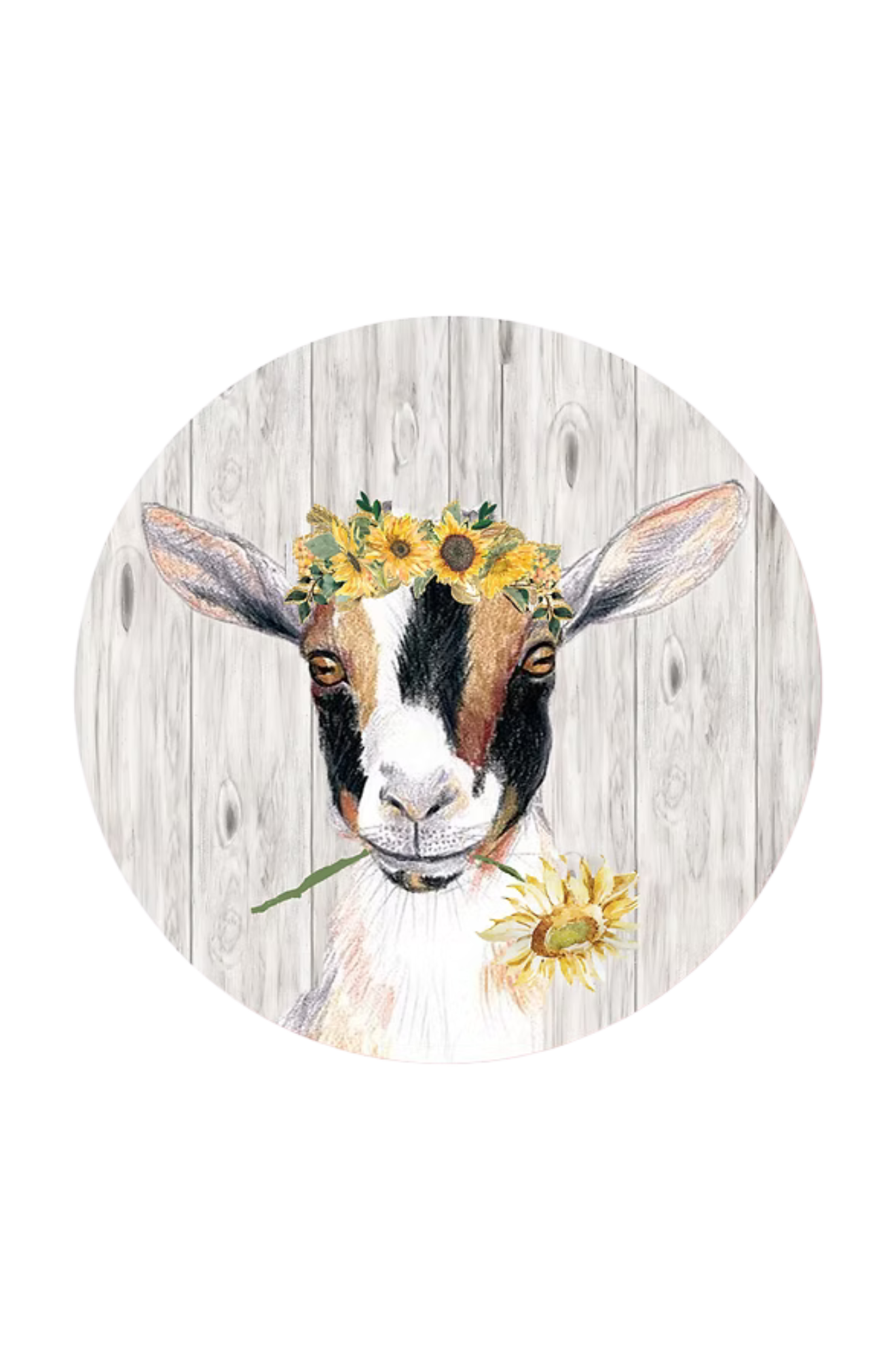 Goat with sunflower wreath on wooden background
