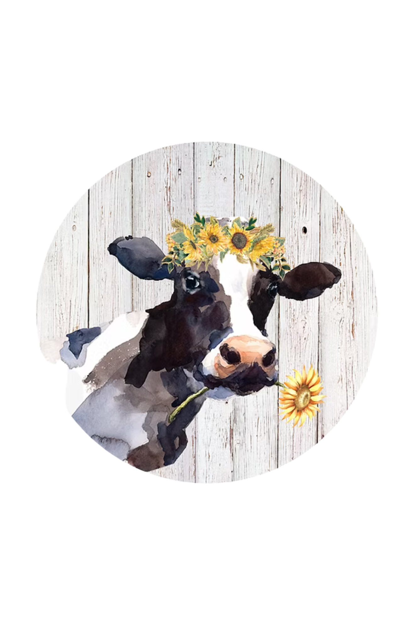 Cow with sunflower decorations on a wooden background