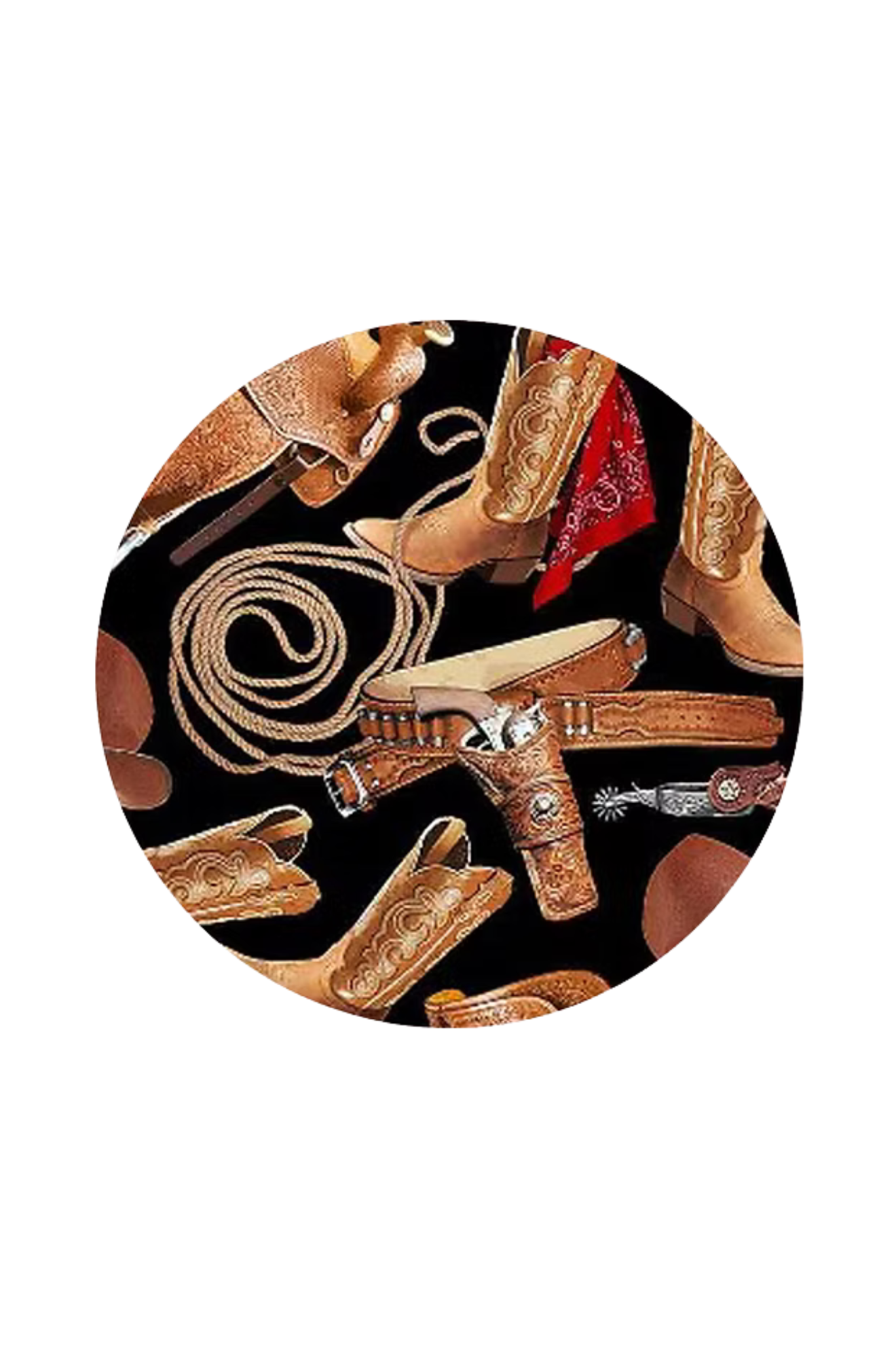 Circular design featuring cowboy boots and lasso on a black background