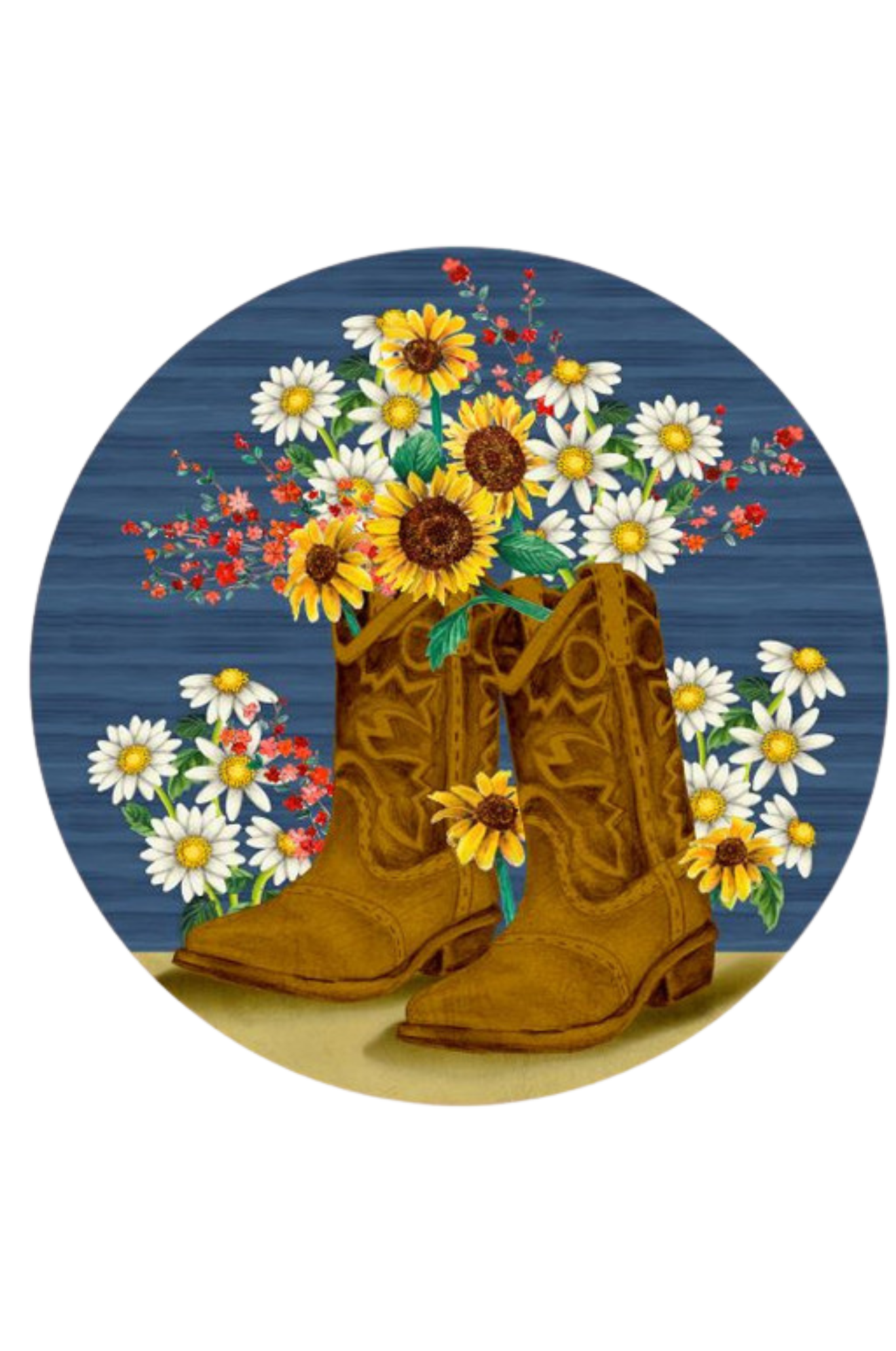 Brown cowboy boots with a bouquet of flowers on a blue background