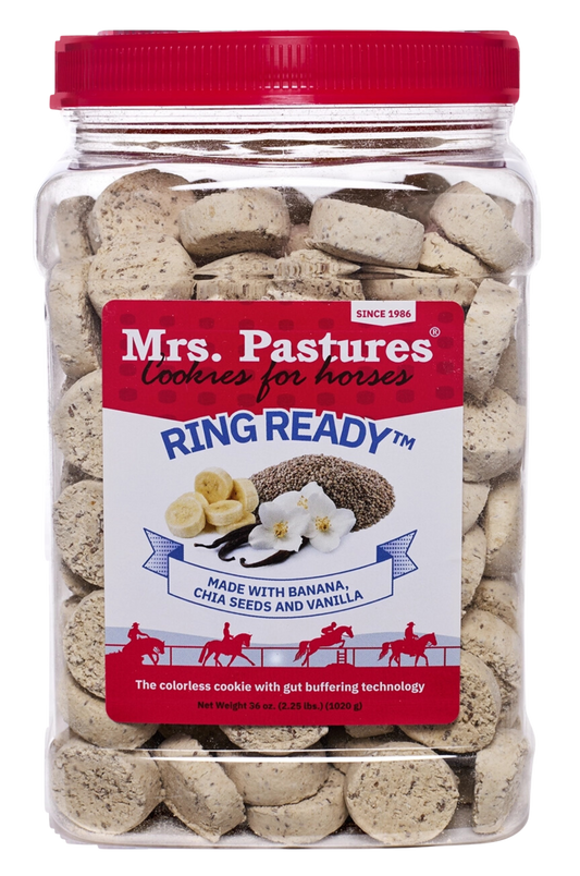 Jar of Mrs. Pastures Ring Ready cookies for horses with a red lid.