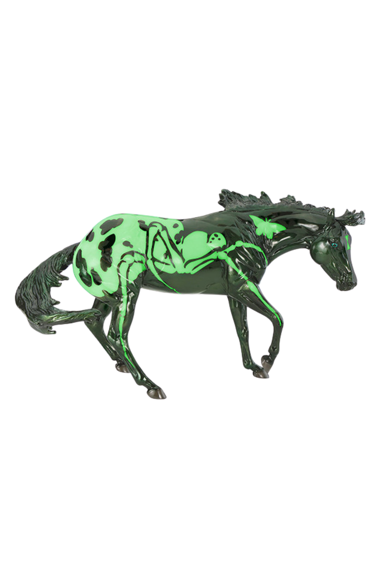 Toy horse with green design on a white background