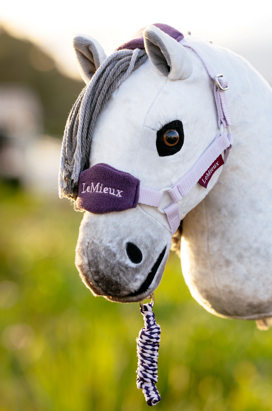 White horse wearing a purple bridle with 'LeMieux' branding, standing in a grassy field.