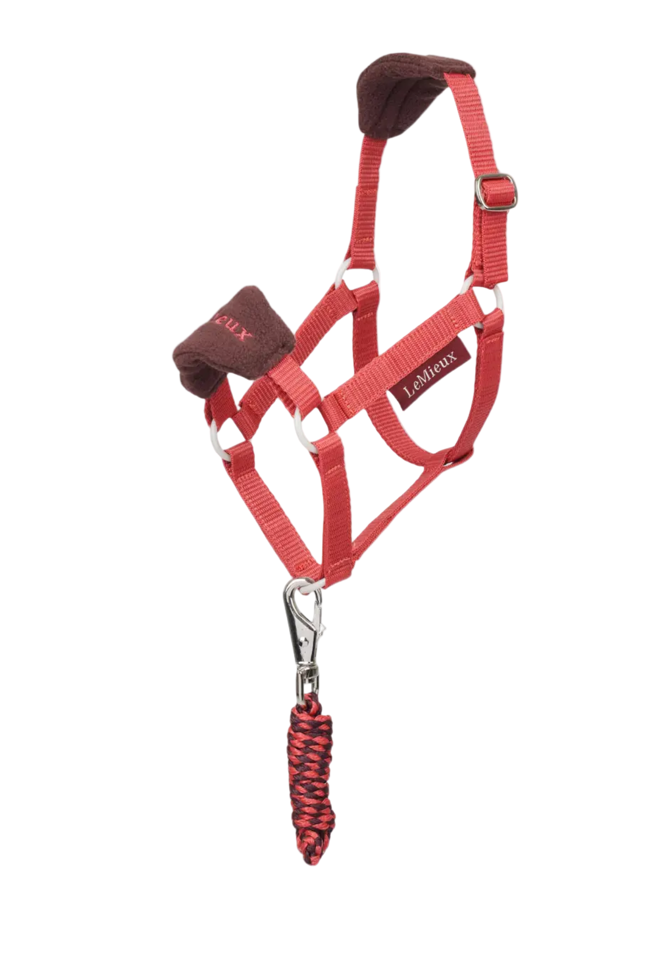 Red horse halter with brown accents and a matching lead rope on a white background