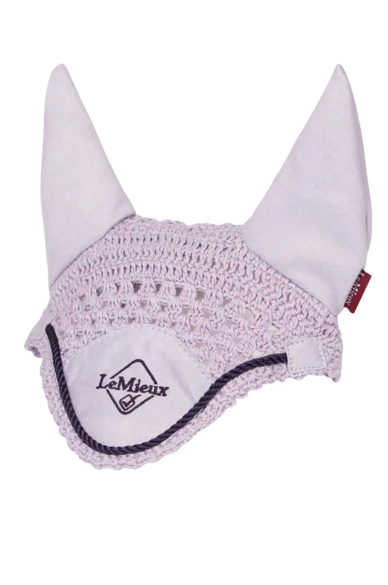 Equestrian ear bonnet with white horns and pink mesh on a white background, featuring the LeMieux brand.